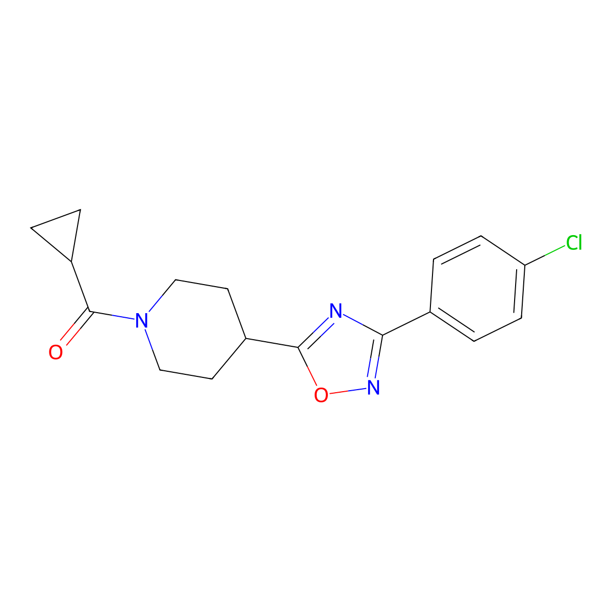 (4-(3-(4-Chlorophenyl)-1,2,4-oxadiazol-5-yl)piperidin-1-yl)(cyclopropyl)methanone molecular structure, CAS 1046023-03-3