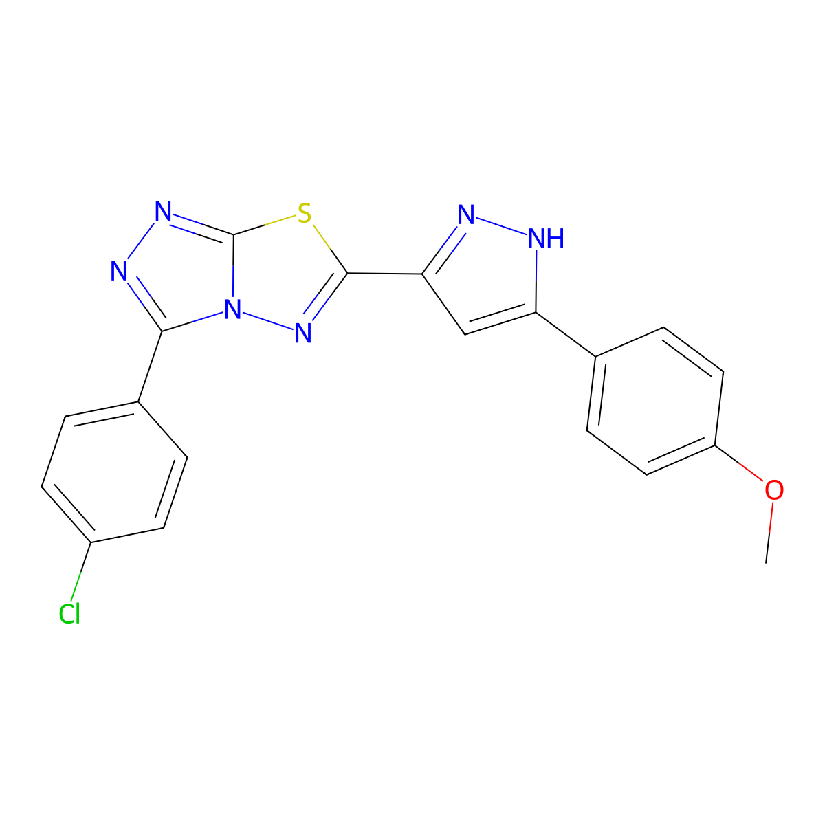 3-(4-chlorophenyl)-6-[3-(4-methoxyphenyl)-1H-pyrazol-5-yl][1,2,4]triazolo[3,4-b][1,3,4]thiadiazole molecular structure, CAS 1046049-75-5