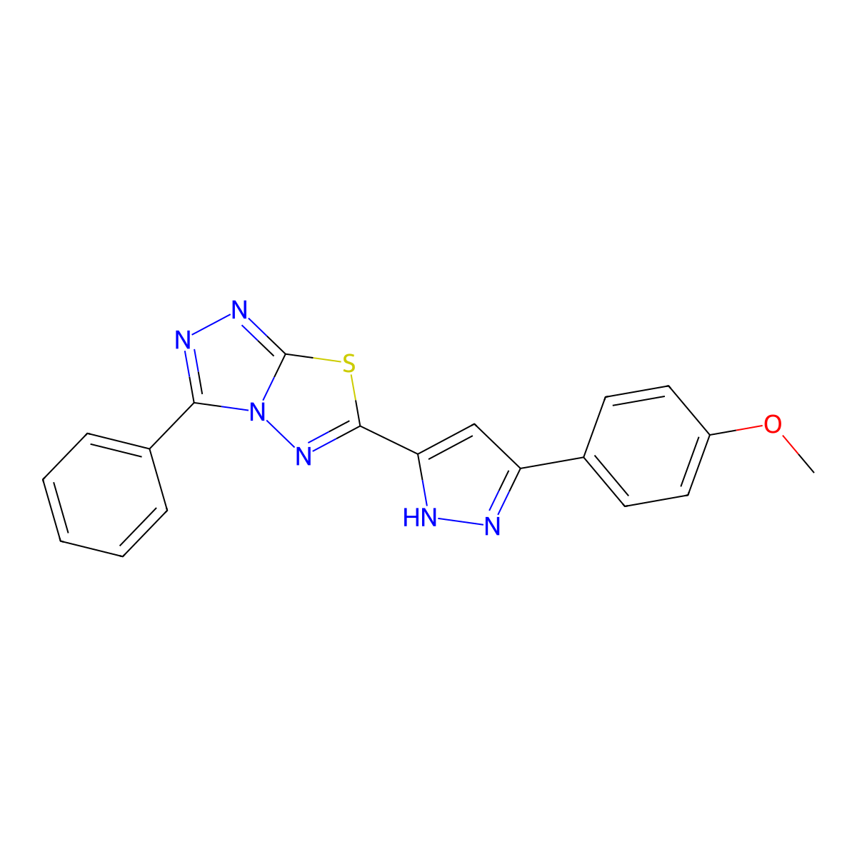 6-[3-(4-methoxyphenyl)-1H-pyrazol-5-yl]-3-phenyl[1,2,4]triazolo[3,4-b][1,3,4]thiadiazole molecular structure, CAS 1046050-03-6