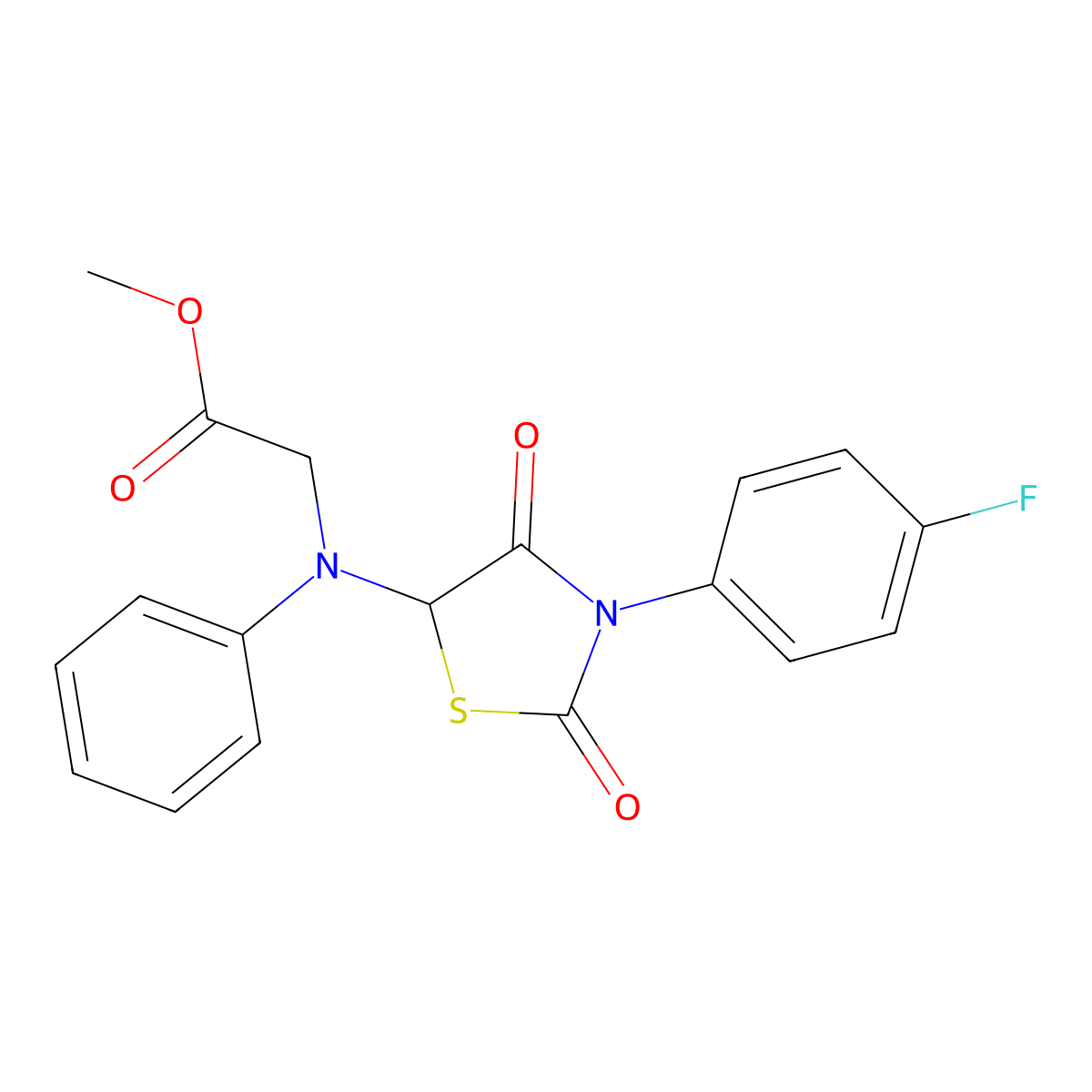 Methyl 2-((3-(4-fluorophenyl)-2,4-dioxothiazolidin-5-yl)(phenyl)amino)acetate molecular structure, CAS 1046118-72-2