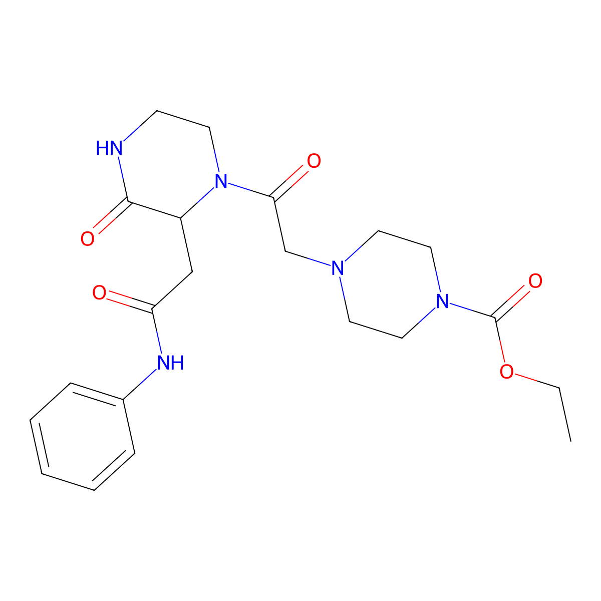 Ethyl 4-(2-oxo-2-{3-oxo-2-[2-oxo-2-(phenylamino)ethyl]piperazin-1-yl}ethyl)piperazine-1-carboxylate molecular structure, CAS 1046447-36-2