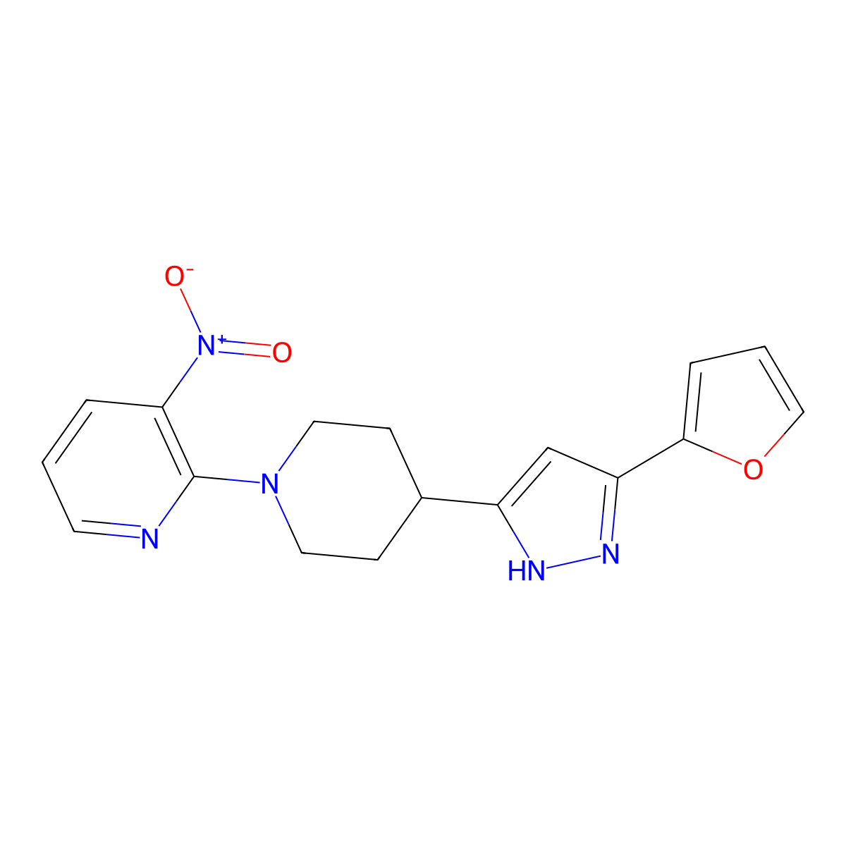 4-[5-(2-furyl)-1H-pyrazol-3-yl]-1-(3-nitro-2-pyridinyl)piperidine molecular structure, CAS 1046454-88-9