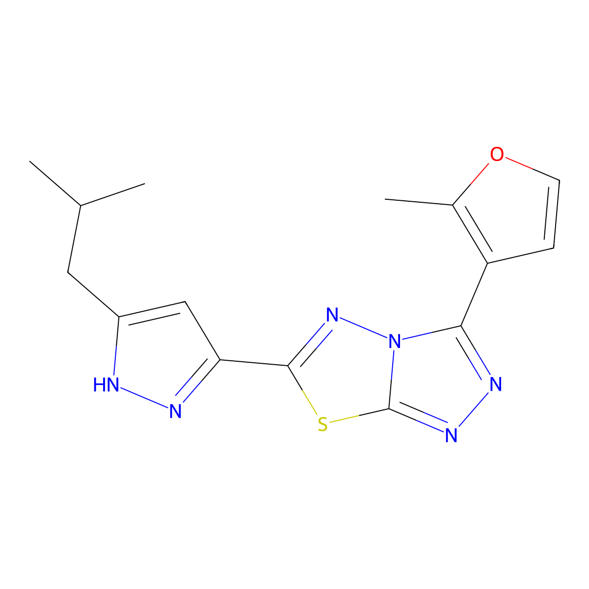 6-(3-isobutyl-1H-pyrazol-5-yl)-3-(2-methyl-3-furyl)[1,2,4]triazolo[3,4-b][1,3,4]thiadiazole molecular structure, CAS 1046461-29-3