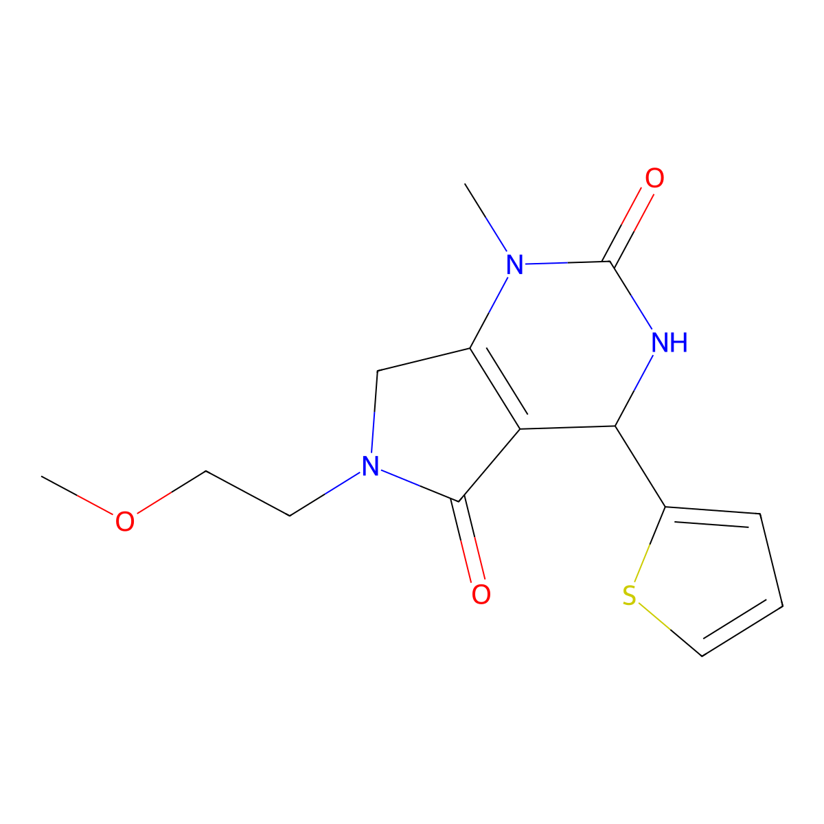 6-(2-methoxyethyl)-1-methyl-4-(thiophen-2-yl)-3,4,6,7-tetrahydro-1H-pyrrolo[3,4-d]pyrimidine-2,5-dione molecular structure, CAS 1046556-83-5