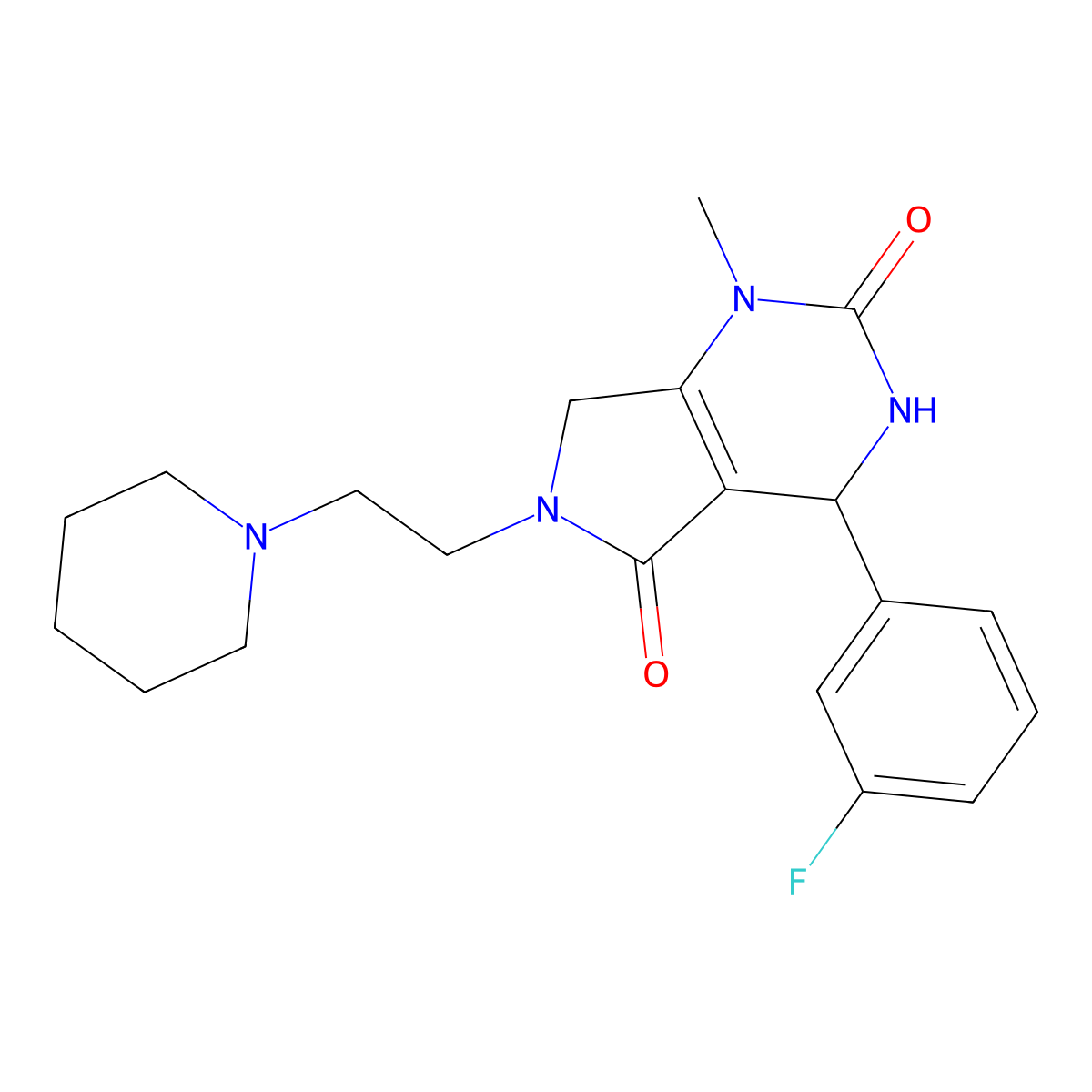 4-(3-fluorophenyl)-1-methyl-6-(2-(piperidin-1-yl)ethyl)-3,4,6,7-tetrahydro-1H-pyrrolo[3,4-d]pyrimidine-2,5-dione molecular structure, CAS 1046648-36-5