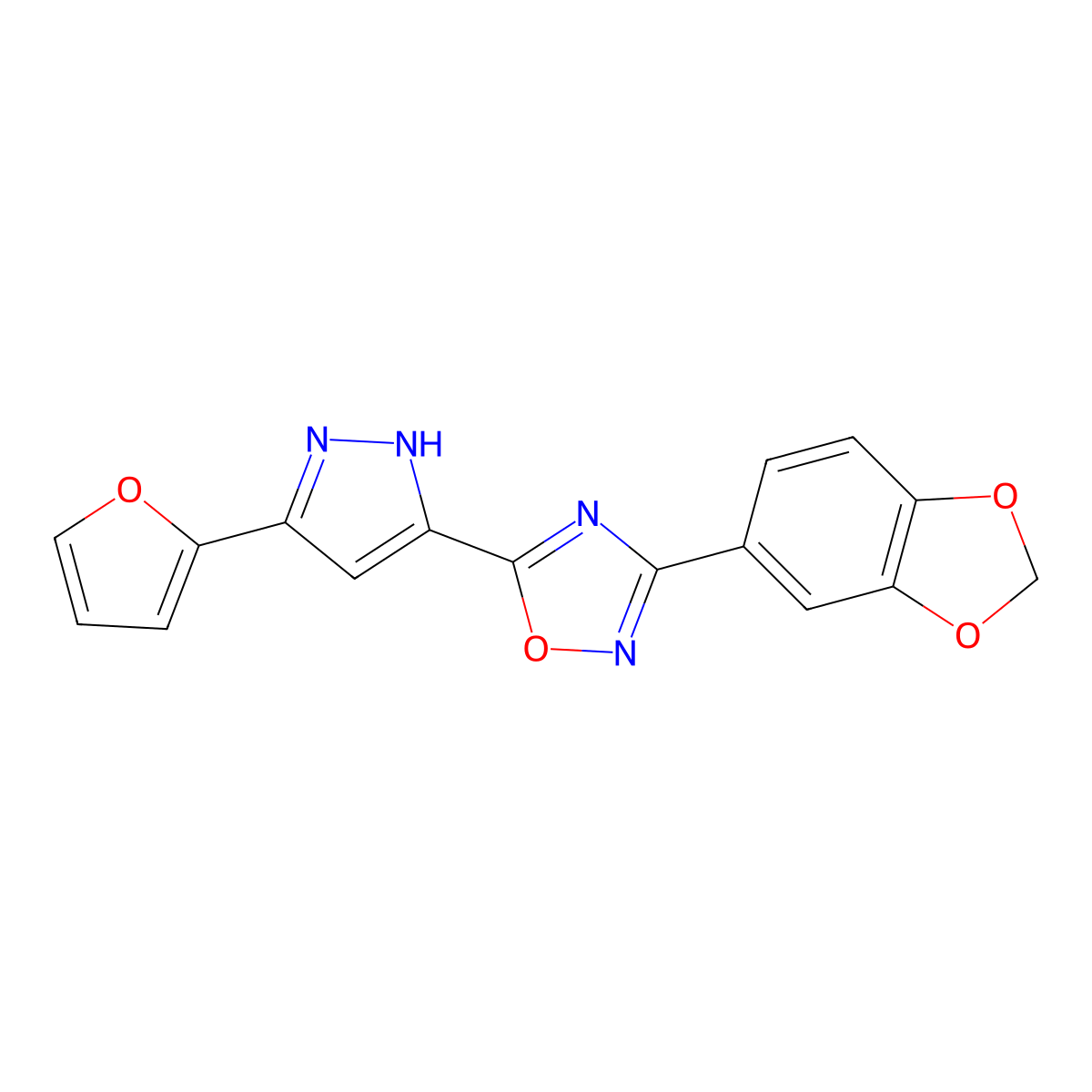 3-(benzo[d][1,3]dioxol-5-yl)-5-(3-(furan-2-yl)-1H-pyrazol-5-yl)-1,2,4-oxadiazole molecular structure, CAS 1046787-78-3
