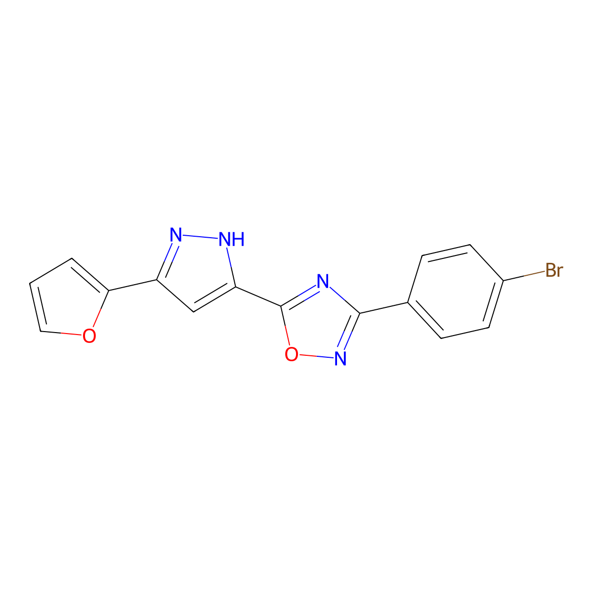 3-(4-bromophenyl)-5-[5-(furan-2-yl)-1H-pyrazol-3-yl]-1,2,4-oxadiazole molecular structure, CAS 1046788-86-6
