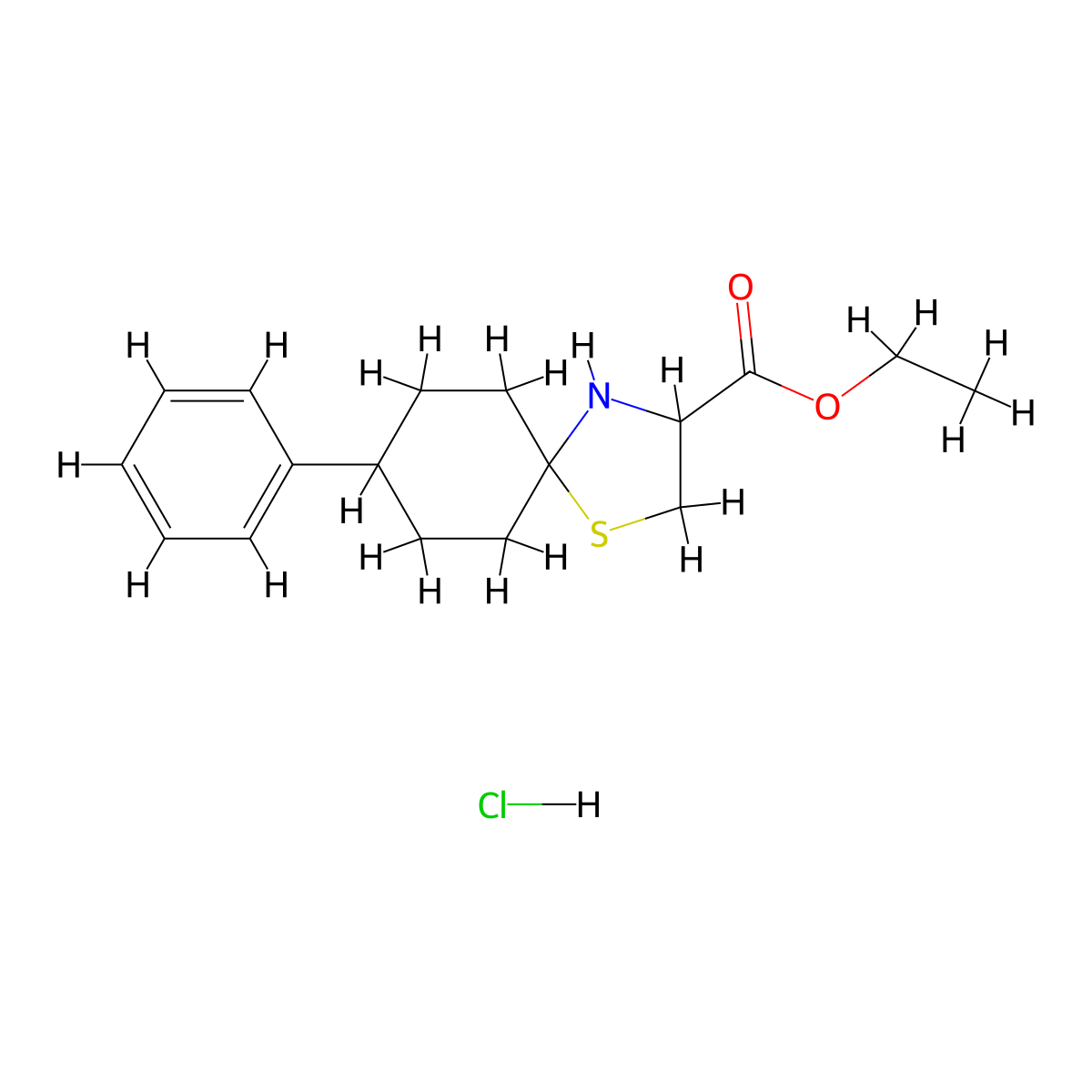 Ethyl 8-phenyl-1-thia-4-azaspiro[4.5]decane-3-carboxylate hydrachloride molecular structure, CAS 1046796-86-4