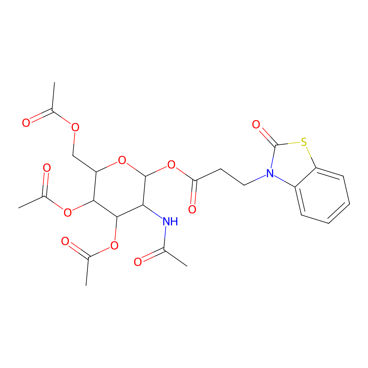 3-(acetylamino)-4,5-bis(acetyloxy)-6-[(acetyloxy)methyl]tetrahydro-2H-pyran-2-yl 3-[2-oxo-1,3-benzothiazol-3(2H)-yl]propanoate molecular structure, CAS 1046801-01-7