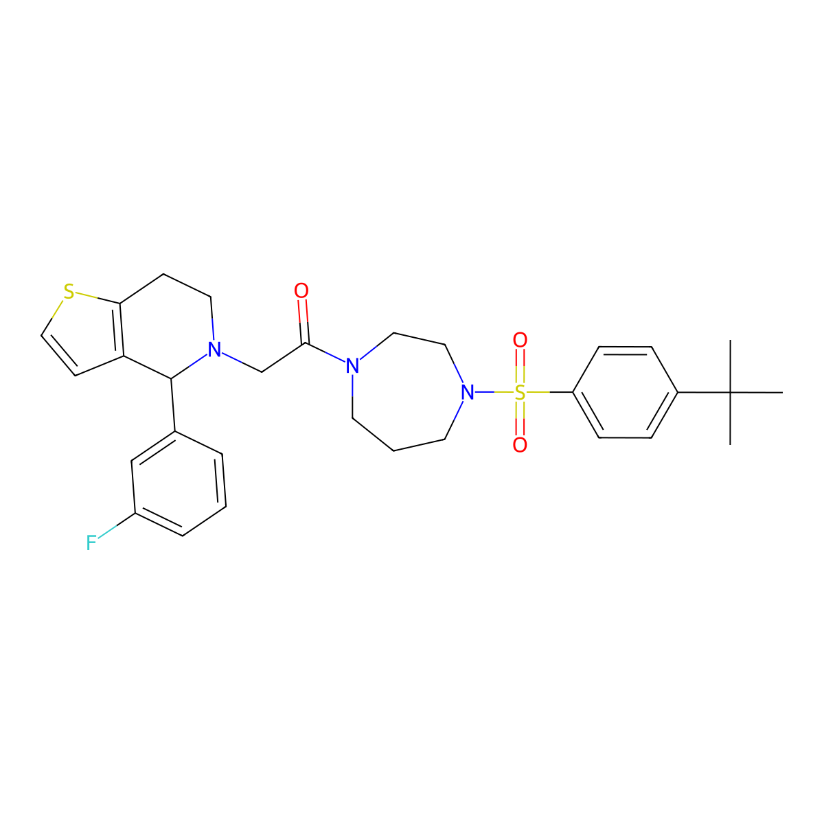 1-(4-{[4-(tert-butyl)phenyl]sulfonyl}-1,4-diazepan-1-yl)-2-[4-(3-fluorophenyl)-6,7-dihydrothieno[3,2-c]pyridin-5(4H)-yl]-1-ethanone molecular structure, CAS 1047520-00-2