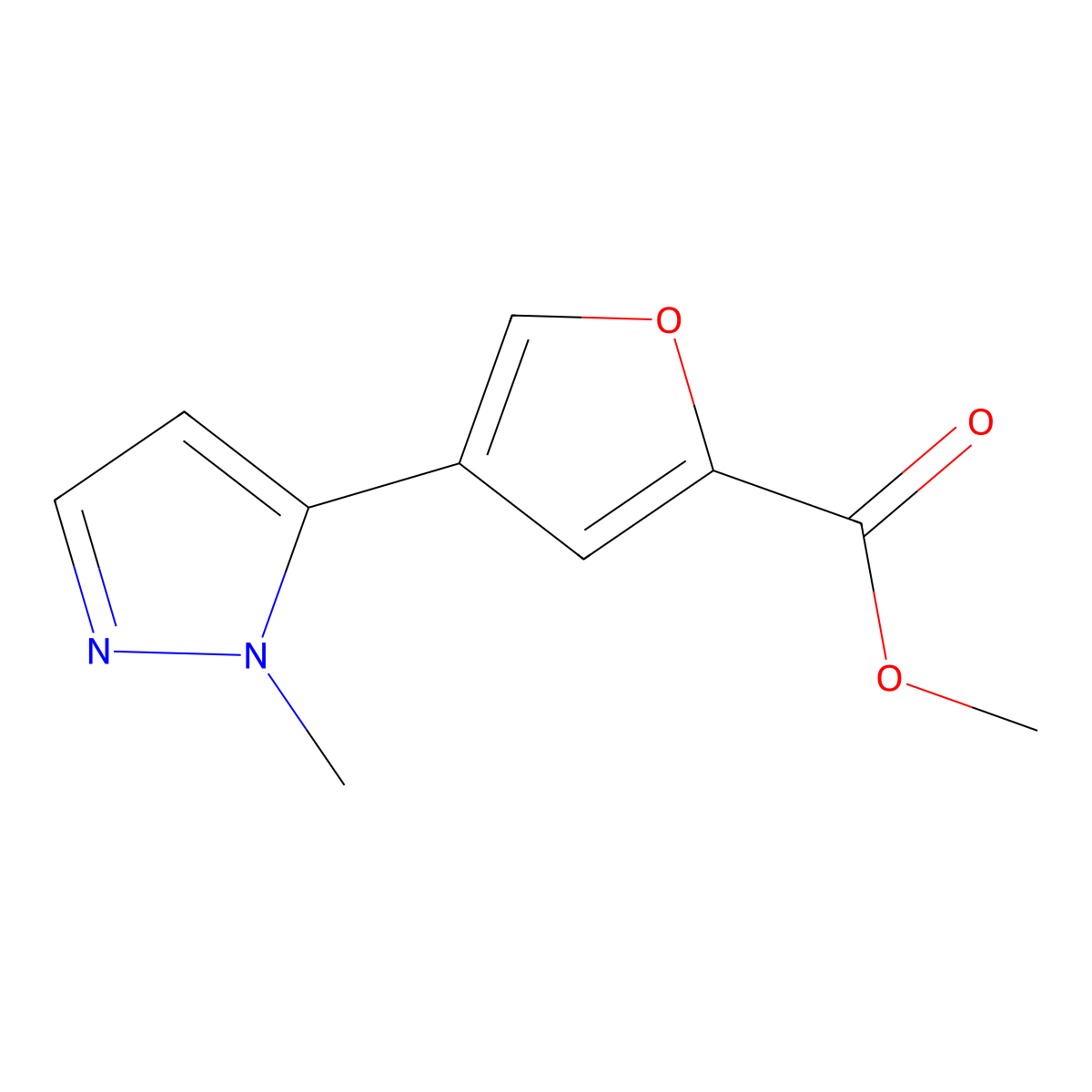 2-Furancarboxylic acid, 4-(1-methyl-1H-pyrazol-5-yl)-, methyl ester molecular structure, CAS 1047628-46-5