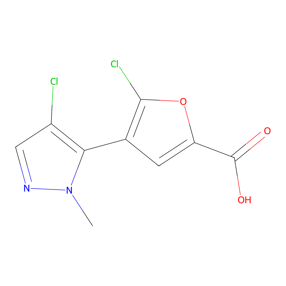 2-Furancarboxylic acid, 5-chloro-4-(4-chloro-1-methyl-1H-pyrazol-5-yl)- molecular structure, CAS 1047629-15-1