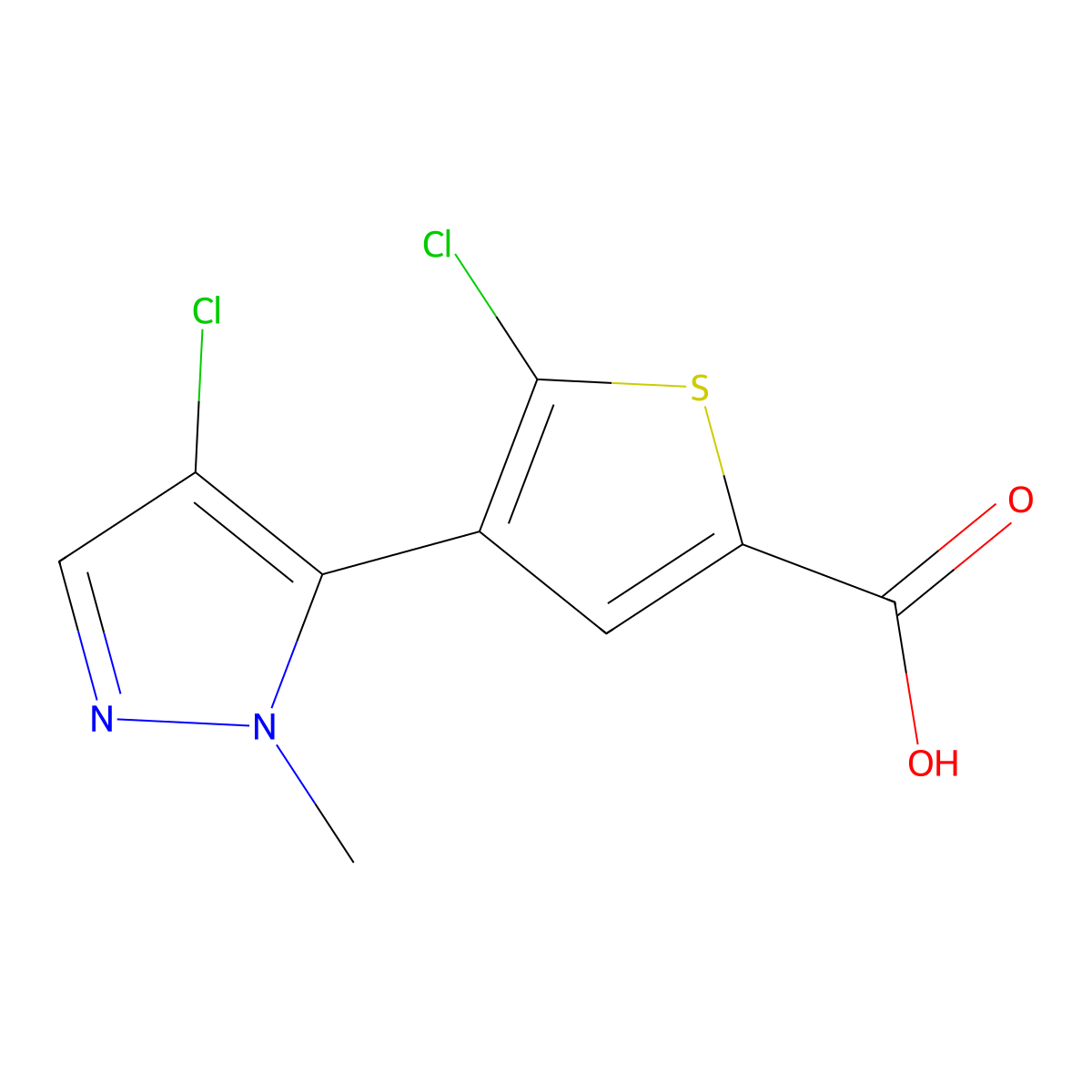 5-Chloro-4-(4-chloro-1-methyl-1H-pyrazol-5-yl)thiophene-2-carboxylic acid molecular structure, CAS 1047630-61-4