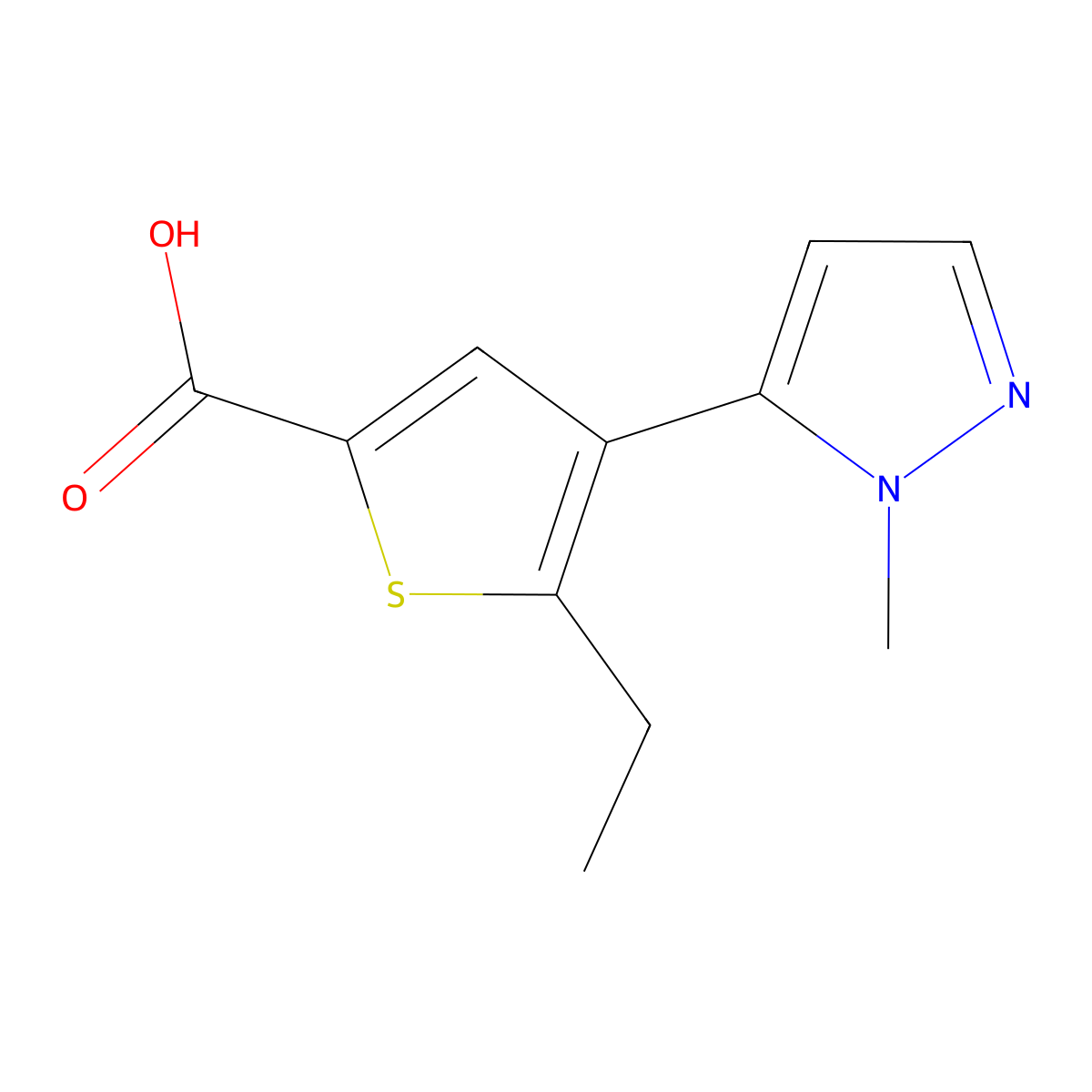 5-ethyl-4-(1-methyl-1H-pyrazol-5-yl)-2-thiophenecarboxylic acid molecular structure, CAS 1047645-91-9