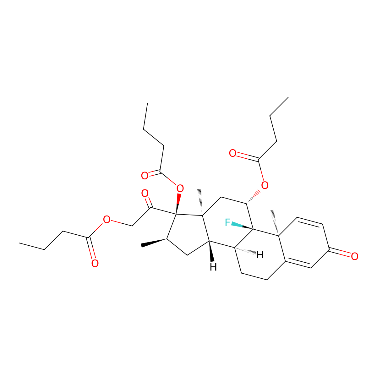 (8S,9R,10S,11S,13S,14S,16R,17R)-17-(2-(butyryloxy)acetyl)-9-fluoro-10,13,16-trimethyl-3-oxo-6,7,8,9,10,11,12,13,14,15,16,17-dodecahydro-3H-cyclopenta[a]phenanthrene-11,17-diyl dibutyrate molecular structure, CAS 1047657-05-5