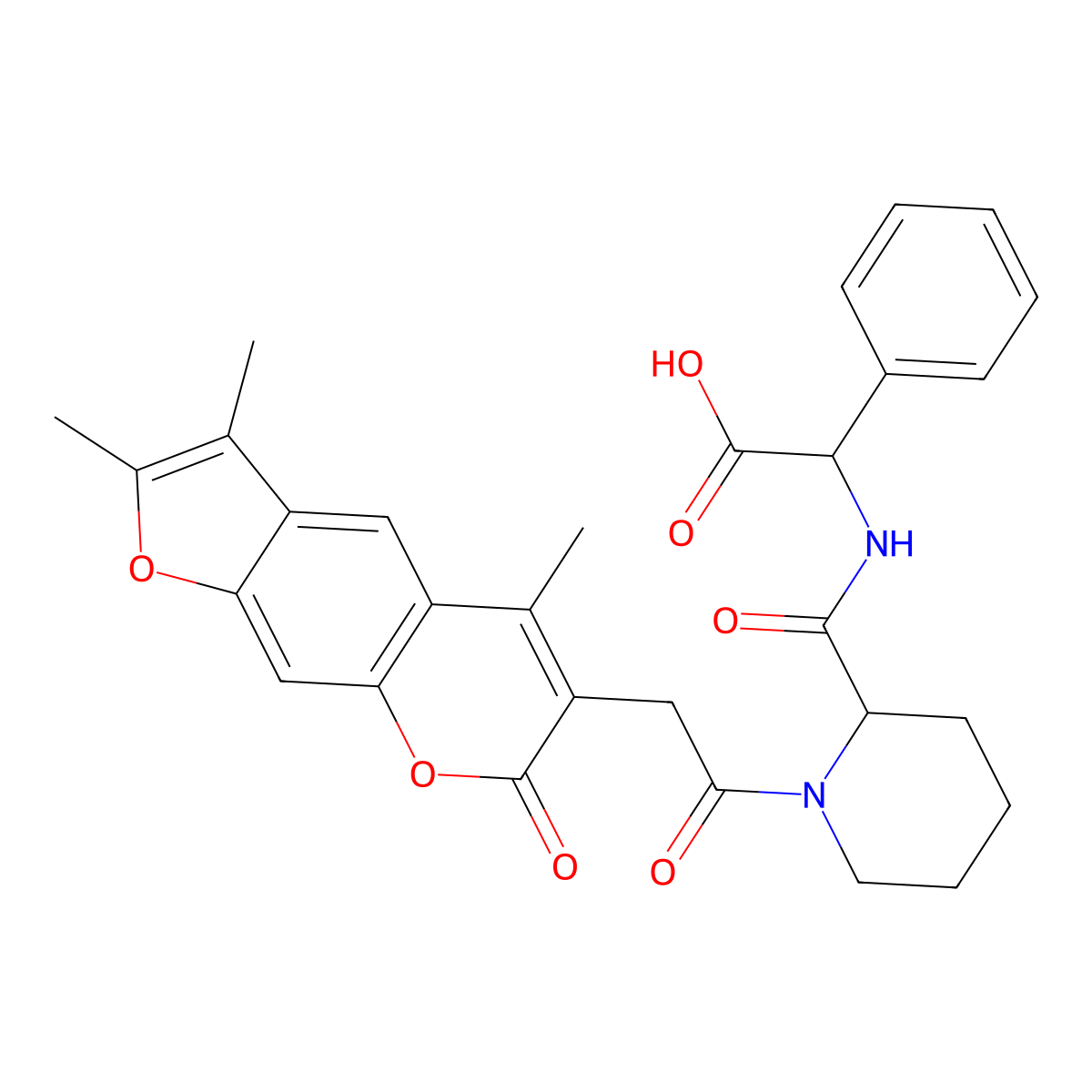 (2R)-phenyl[({1-[(2,3,5-trimethyl-7-oxo-7H-furo[3,2-g]chromen-6-yl)acetyl]piperidin-2-yl}carbonyl)amino]ethanoic acid molecular structure, CAS 1047663-68-2