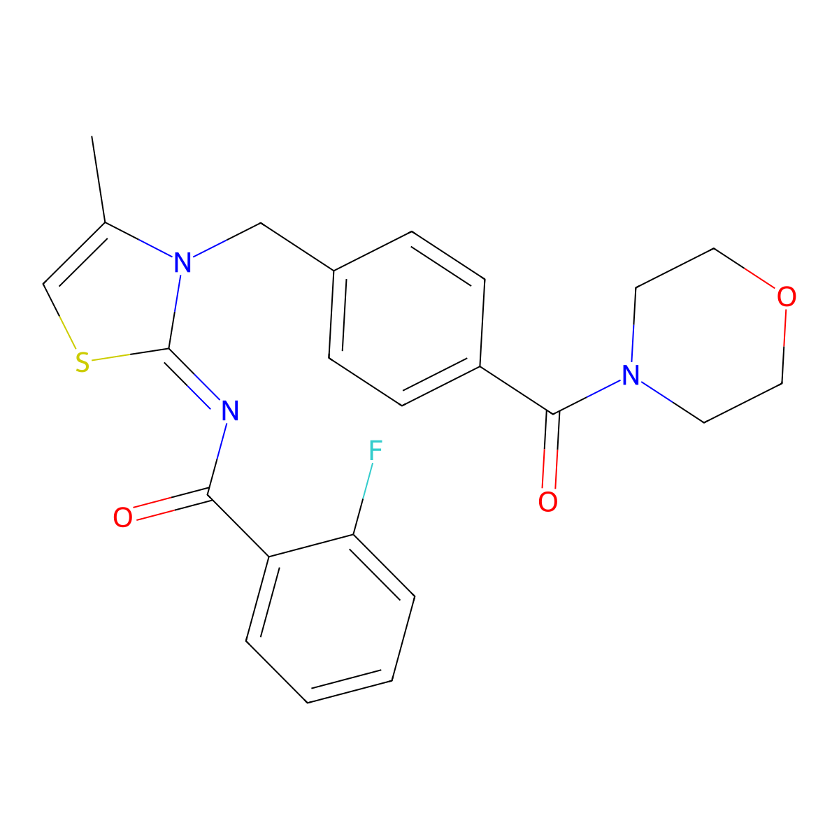 2-Fluoro-N-[4-methyl-3-{[4-(morpholine-4-carbonyl)phenyl]methyl}-1,3-thiazol-2(3H)-ylidene]benzamide molecular structure, CAS 1047761-54-5