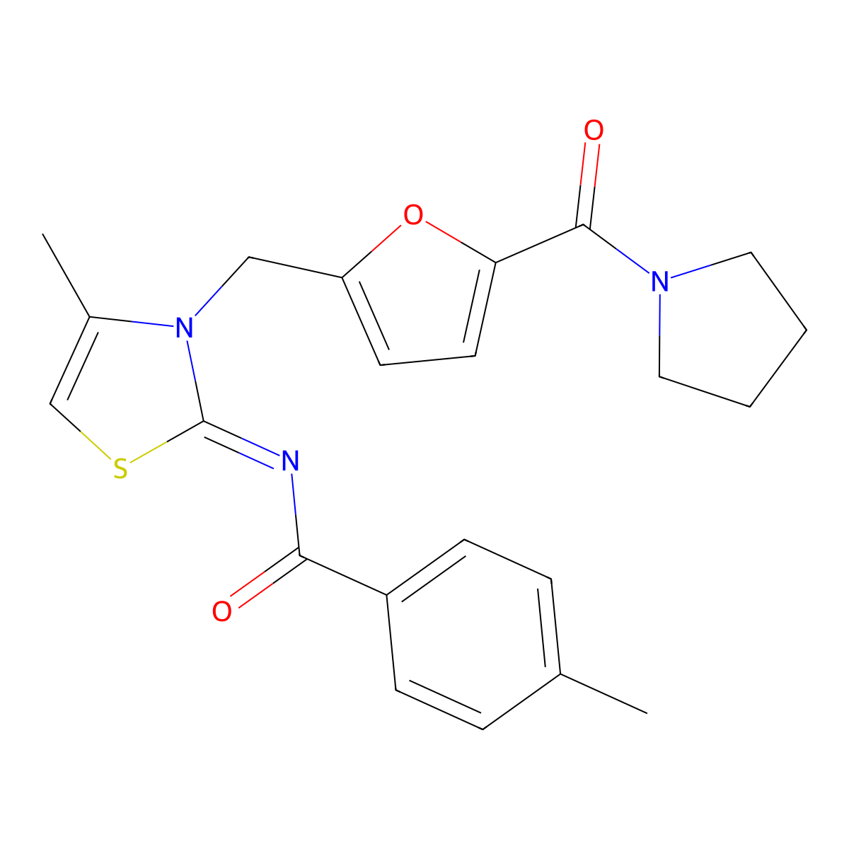 4-Methyl-N-[4-methyl-3-{[5-(pyrrolidine-1-carbonyl)furan-2-yl]methyl}-1,3-thiazol-2(3H)-ylidene]benzamide molecular structure, CAS 1047762-32-2
