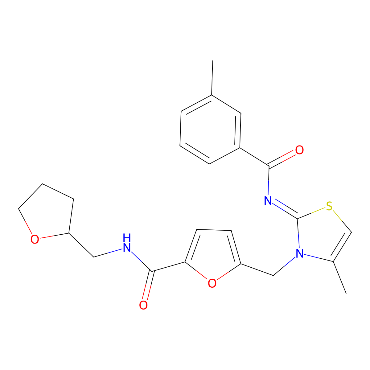2-Furancarboxamide, 5-[[4-methyl-2-[(3-methylbenzoyl)imino]-3(2H)-thiazolyl]methyl]-N-[(tetrahydro-2-furanyl)methyl]- molecular structure, CAS 1047762-52-6