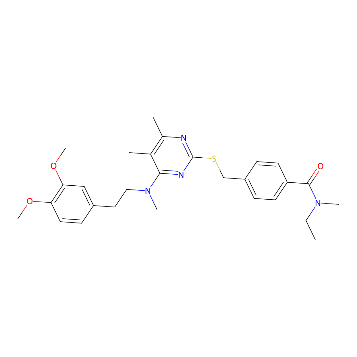 4-(((4-((3,4-Dimethoxyphenethyl)(methyl)amino)-5,6-dimethylpyrimidin-2-yl)thio)methyl)-N-ethyl-N-methylbenzamide molecular structure, CAS 1047779-15-6