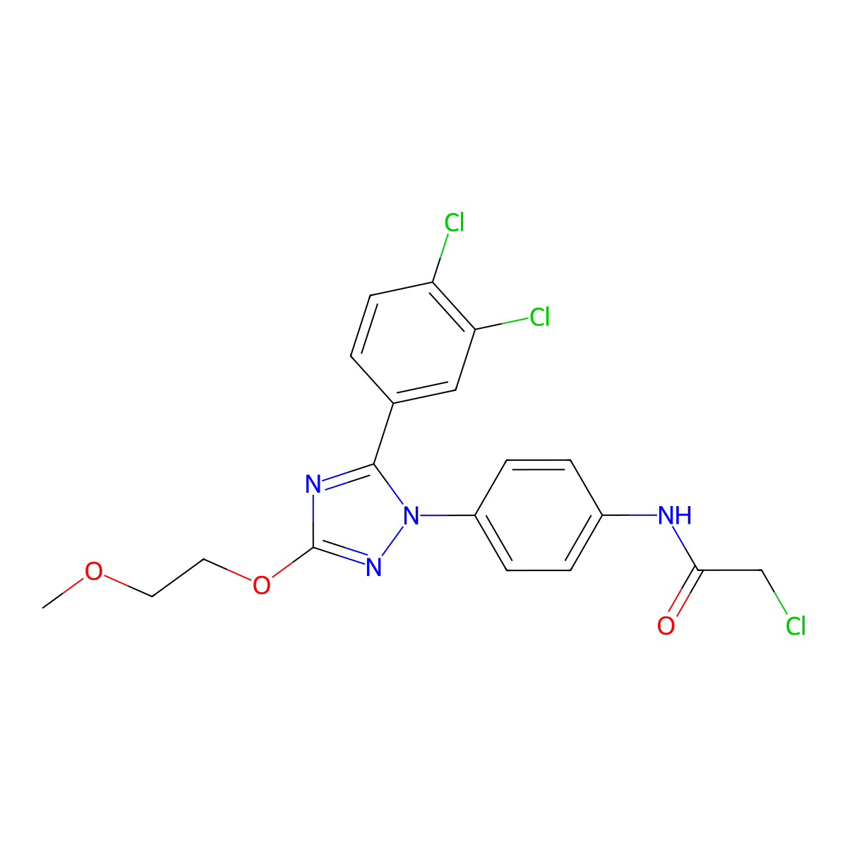 2-Chloro-N-(4-(5-(3,4-dichlorophenyl)-3-(2-methoxyethoxy)-1H-1,2,4-triazol-1-yl)phenyl)acetamide molecular structure, CAS 1047953-91-2