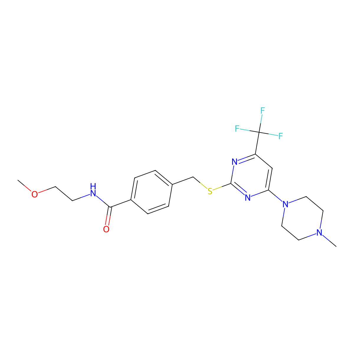 N~1~-(2-methoxyethyl)-4-({[4-(4-methylpiperazino)-6-(trifluoromethyl)-2-pyrimidinyl]sulfanyl}methyl)benzamide molecular structure, CAS 1047953-92-3