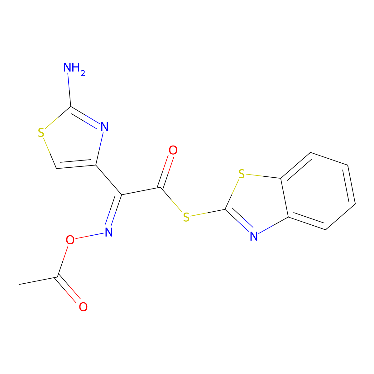(Z)-S-benzo[d]thiazol-2-yl 2-(acetoxyimino)-2-(2-aminothiazol-4-yl)ethanethioate molecular structure, CAS 104797-47-9