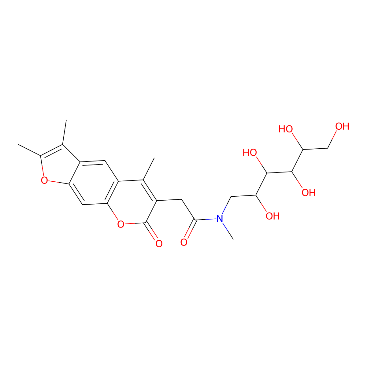 1-deoxy-1-{methyl[(2,3,5-trimethyl-7-oxo-7H-furo[3,2-g]chromen-6-yl)acetyl]amino}hexitol molecular structure, CAS 1047972-61-1