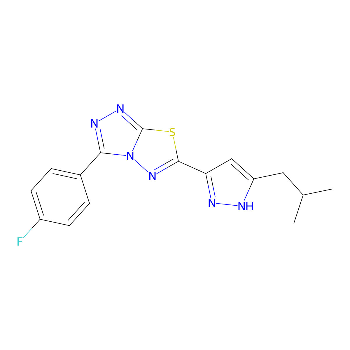3-(4-fluorophenyl)-6-(3-isobutyl-1H-pyrazol-5-yl)[1,2,4]triazolo[3,4-b][1,3,4]thiadiazole molecular structure, CAS 1047981-57-6