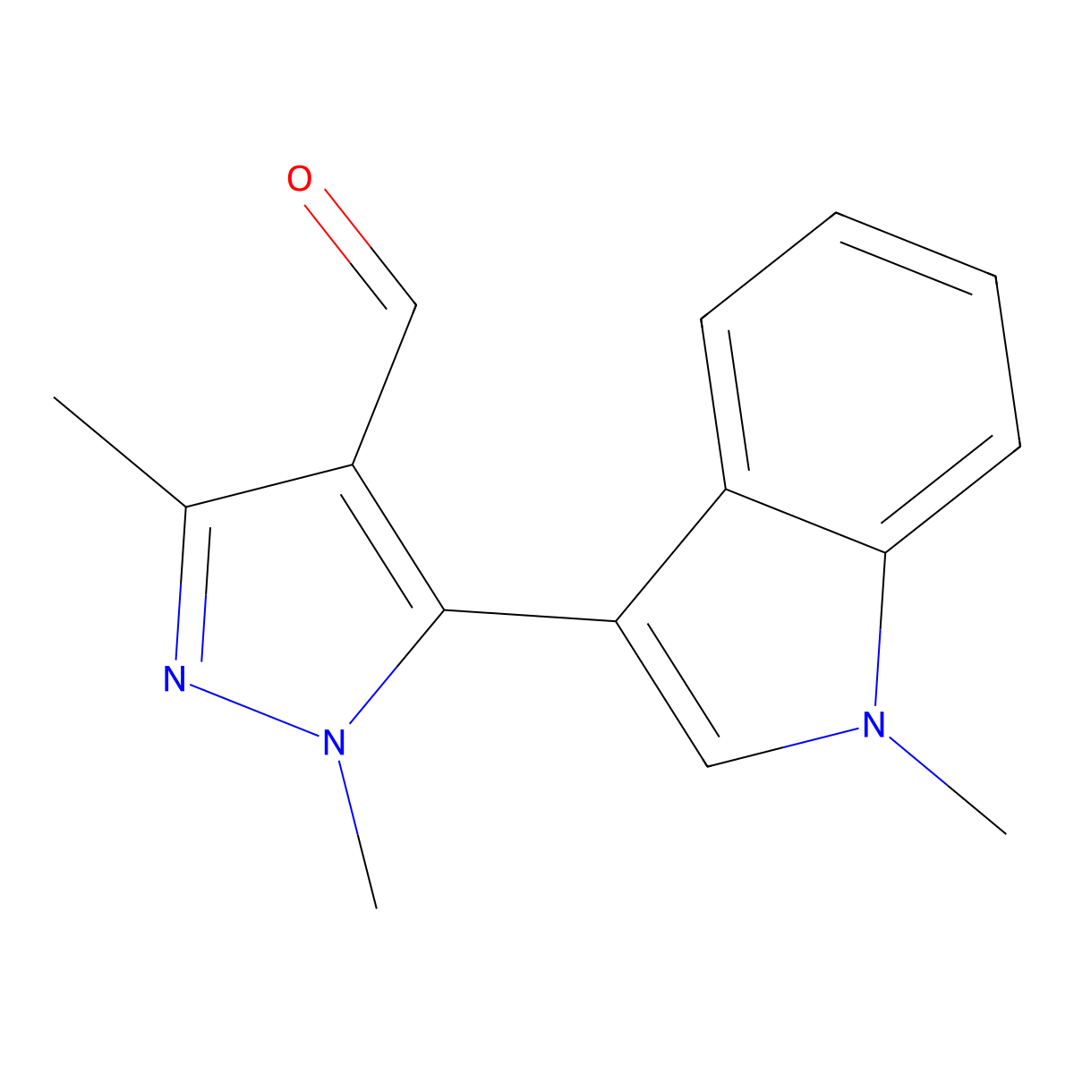 1,3-dimethyl-5-(1-methyl-1H-indol-3-yl)-1H-pyrazole-4-carbaldehyde molecular structure, CAS 1048017-65-7
