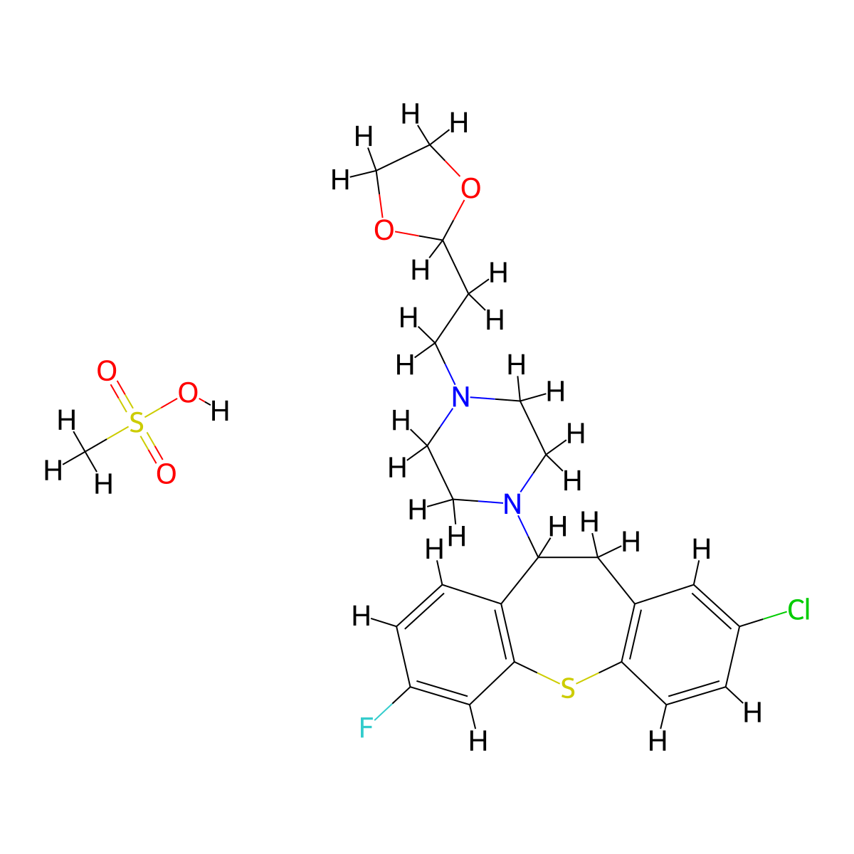 Piperazine, 1-(2-chloro-10,11-dihydro-7-fluorodibenzo(b,f)thiepin-10-yl)-4-(2-(1,3-dioxolan-2-yl)ethyl)-, monomethanesulfonate molecular structure, CAS 104821-40-1