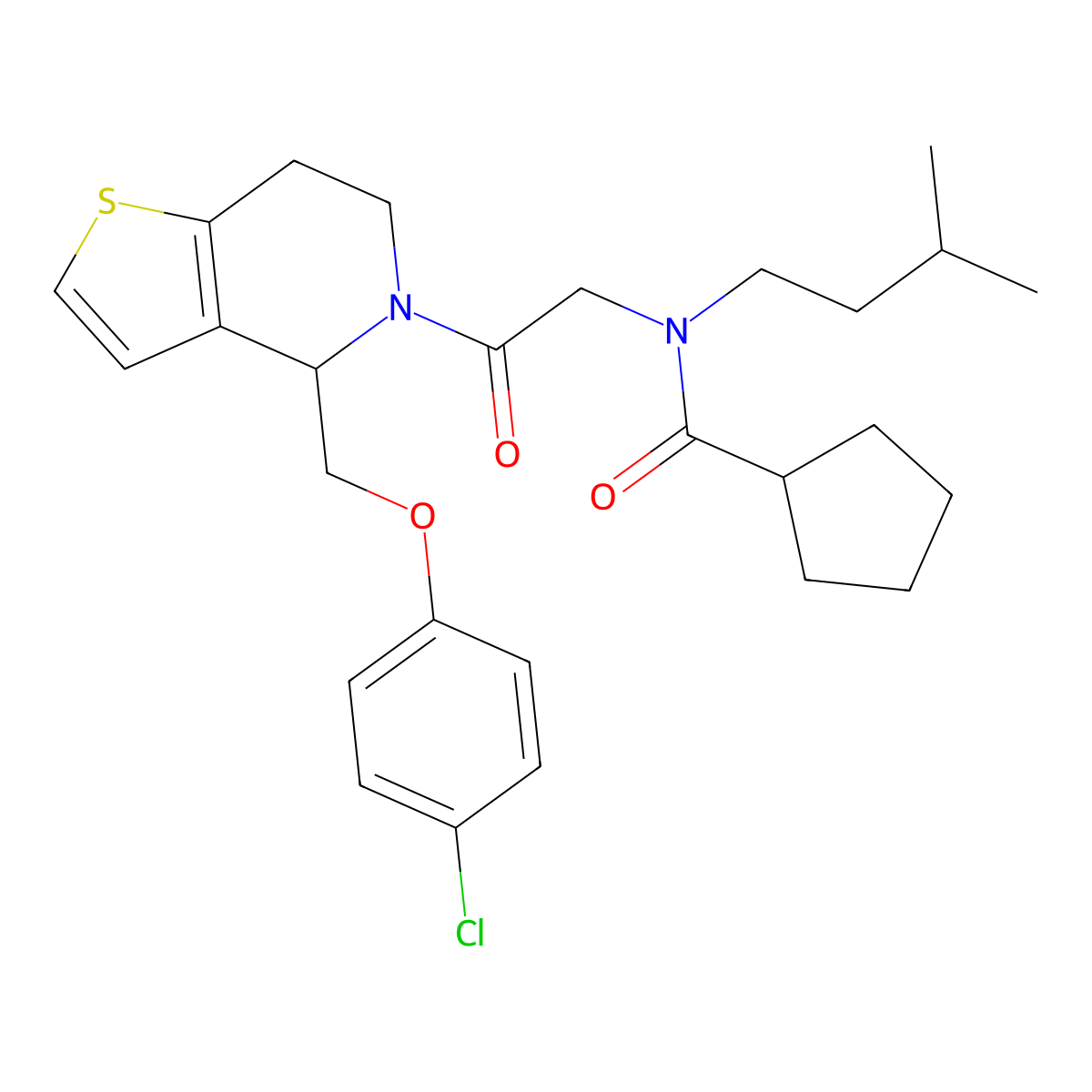 N-(2-(4-((4-Chlorophenoxy)methyl)-6,7-dihydrothieno[3,2-c]pyridin-5(4H)-yl)-2-oxoethyl)-N-isopentylcyclopentanecarboxamide molecular structure, CAS 1048250-27-6