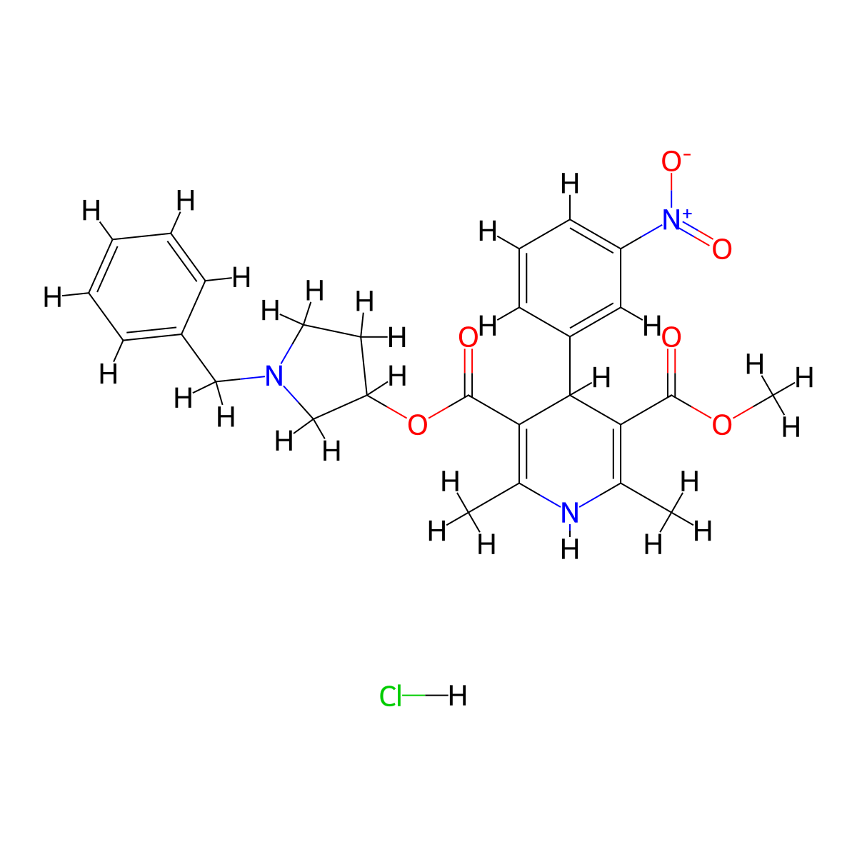 3-((S)-1-Benzylpyrrolidin-3-yl) 5-methyl 2,6-dimethyl-4-(3-nitrophenyl)-1,4-dihydropyridine-3,5-dicarboxylate hydrochloride molecular structure, CAS 104831-94-9