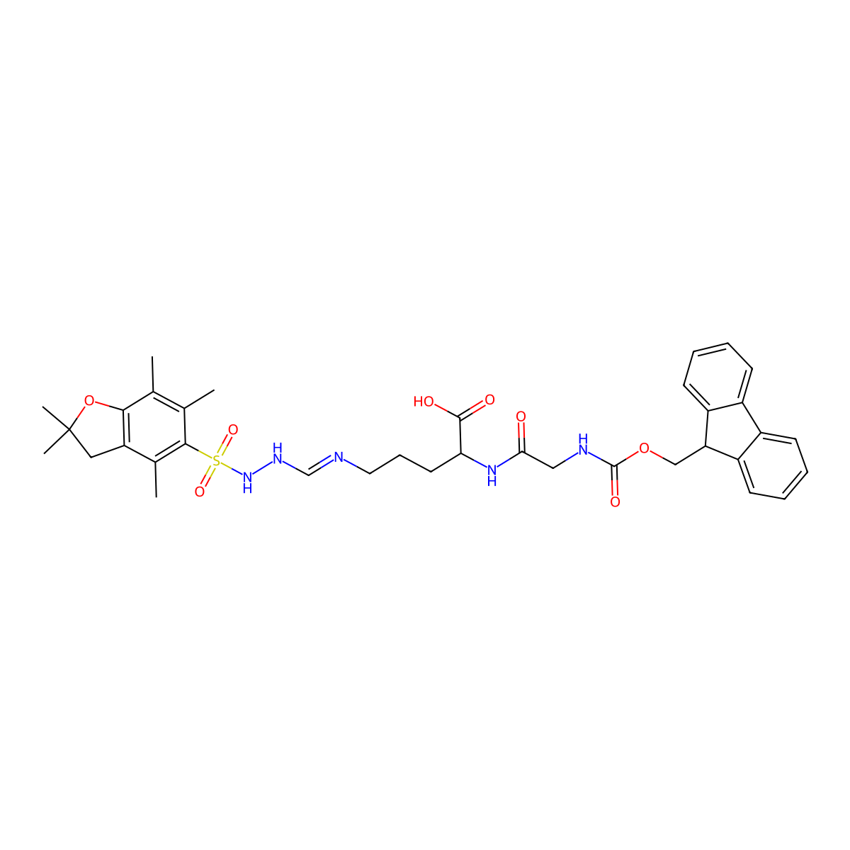 (2S)-2-[[2-(9H-fluoren-9-ylmethoxycarbonylamino)acetyl]amino]-5-[[2-[(2,2,4,6,7-pentamethyl-3H-1-benzofuran-5-yl)sulfonyl]hydrazinyl]methylideneamino]pentanoic acid molecular structure, CAS 1048377-78-1