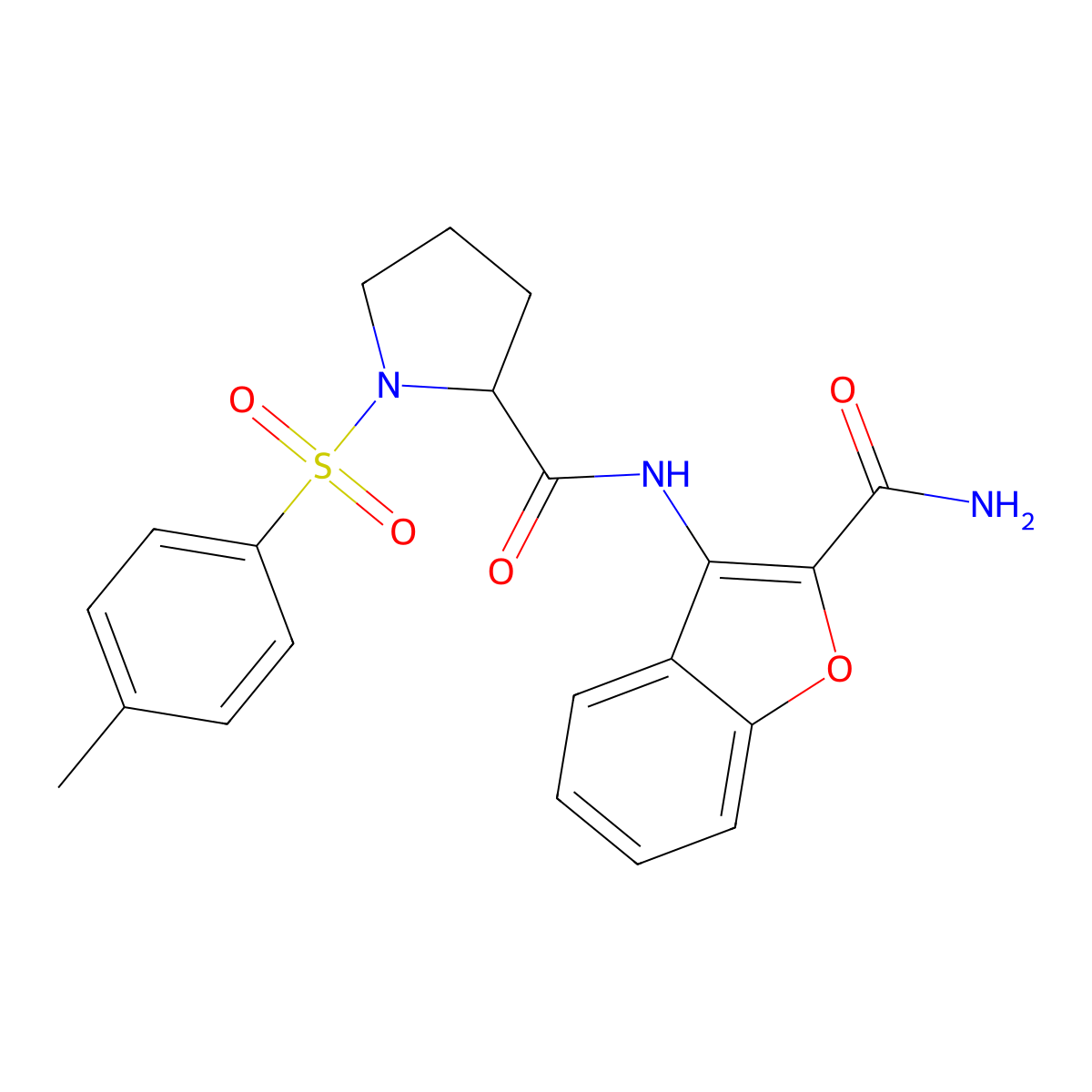 N-(2-carbamoylbenzofuran-3-yl)-1-tosylpyrrolidine-2-carboxamide molecular structure, CAS 1048387-23-0