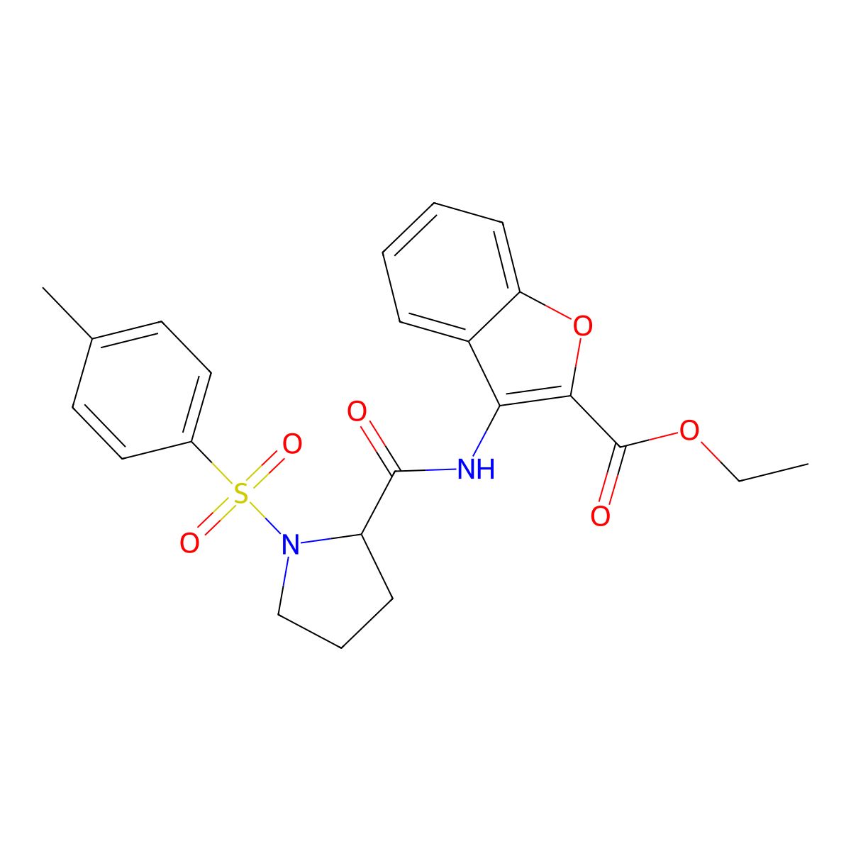 Ethyl 3-[1-(4-methylbenzenesulfonyl)pyrrolidine-2-amido]-1-benzofuran-2-carboxylate molecular structure, CAS 1048387-24-1