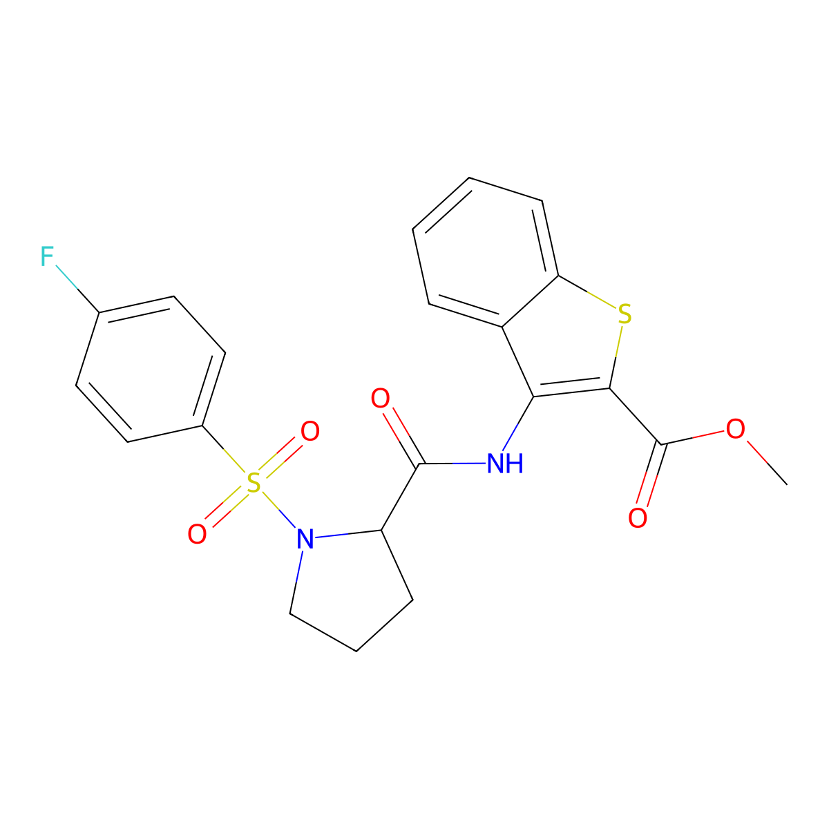 Methyl 3-(1-((4-fluorophenyl)sulfonyl)pyrrolidine-2-carboxamido)benzo[b]thiophene-2-carboxylate molecular structure, CAS 1048642-14-3