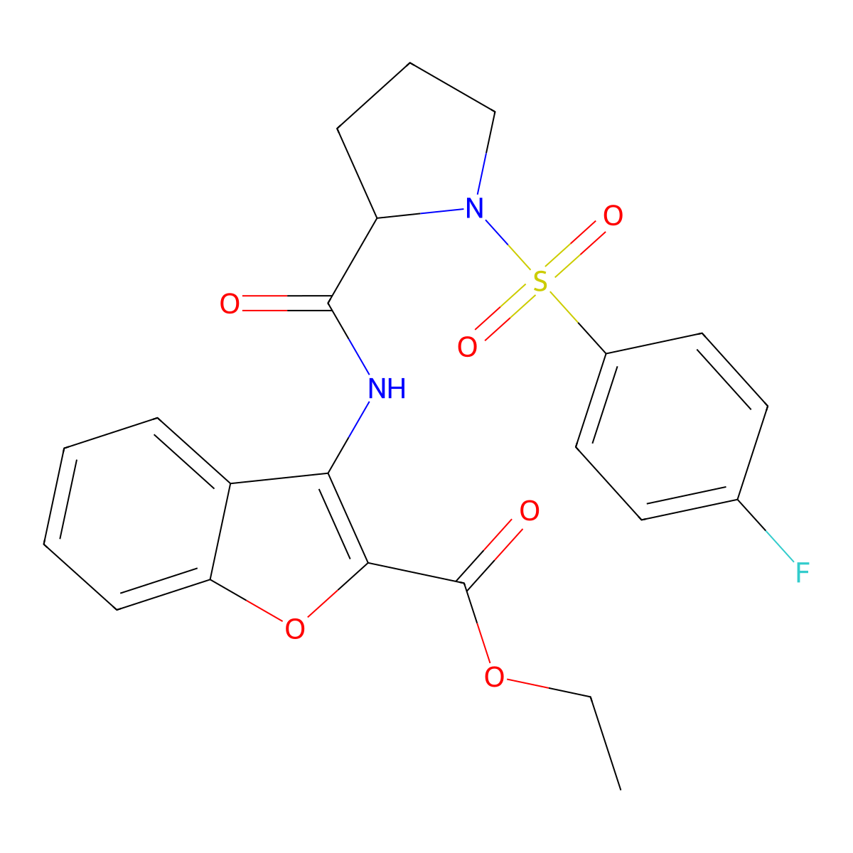 Ethyl 3-(1-((4-fluorophenyl)sulfonyl)pyrrolidine-2-carboxamido)benzofuran-2-carboxylate molecular structure, CAS 1048642-21-2