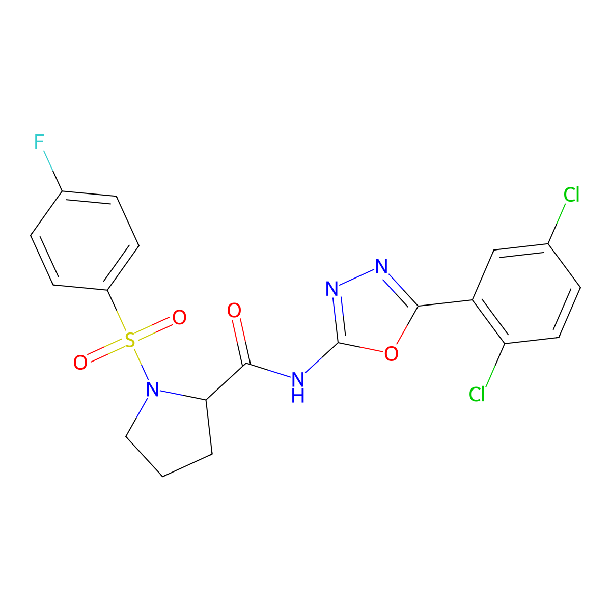 N-[5-(2,5-dichlorophenyl)-1,3,4-oxadiazol-2-yl]-1-(4-fluorobenzenesulfonyl)pyrrolidine-2-carboxamide molecular structure, CAS 1048642-32-5