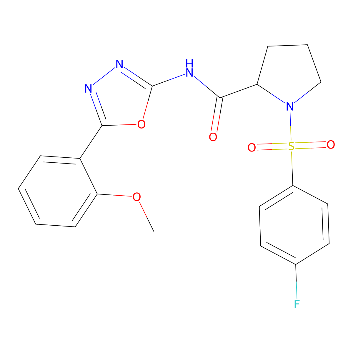 1-((4-fluorophenyl)sulfonyl)-N-(5-(2-methoxyphenyl)-1,3,4-oxadiazol-2-yl)pyrrolidine-2-carboxamide molecular structure, CAS 1048642-55-2