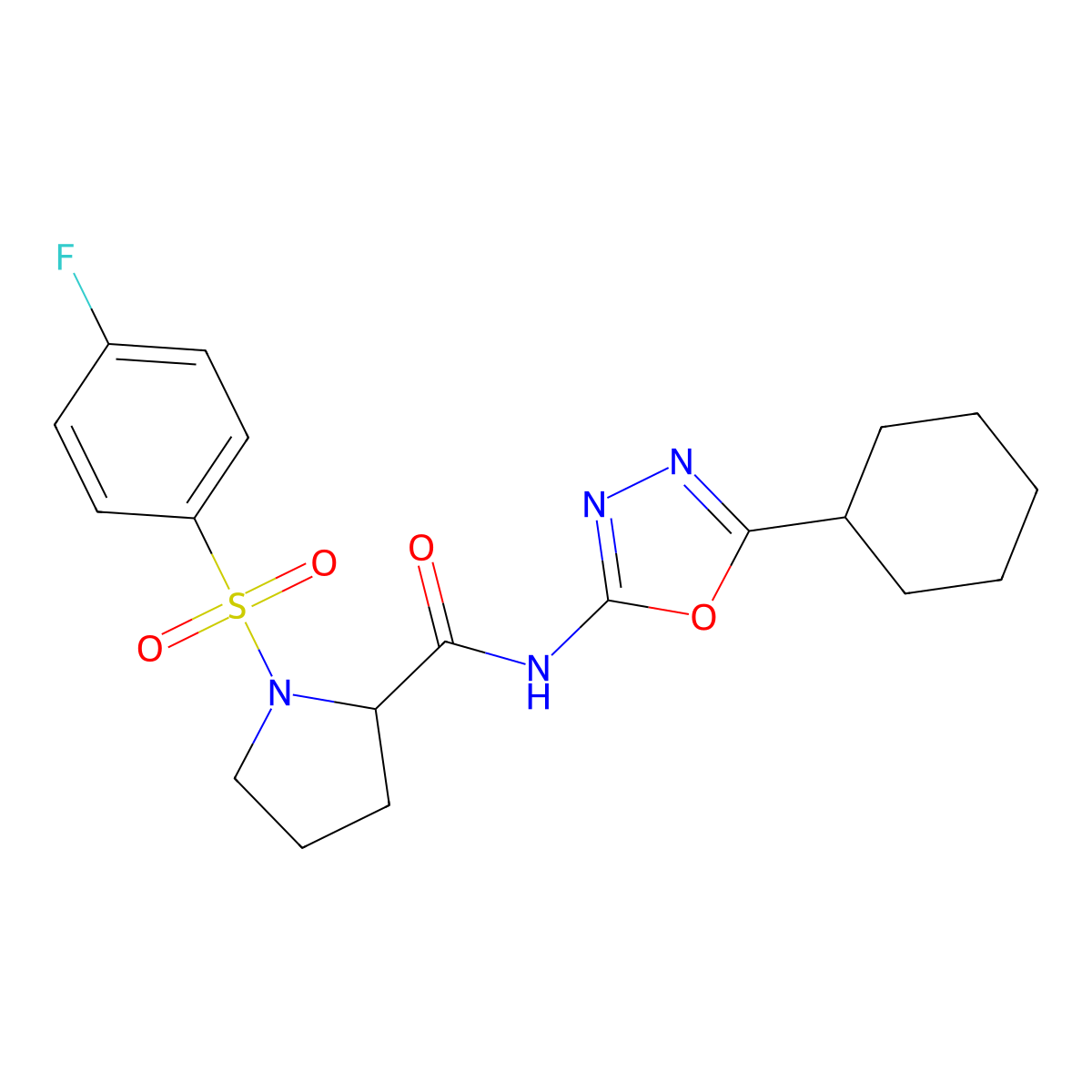 N-(5-cyclohexyl-1,3,4-oxadiazol-2-yl)-1-((4-fluorophenyl)sulfonyl)pyrrolidine-2-carboxamide molecular structure, CAS 1048643-25-9