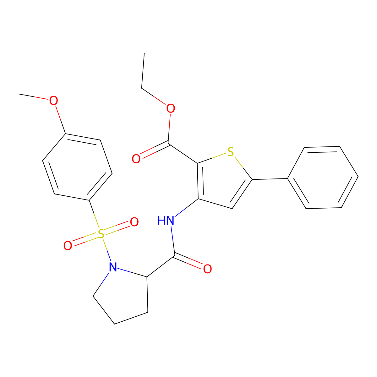 Ethyl 3-(1-((4-methoxyphenyl)sulfonyl)pyrrolidine-2-carboxamido)-5-phenylthiophene-2-carboxylate molecular structure, CAS 1048643-49-7