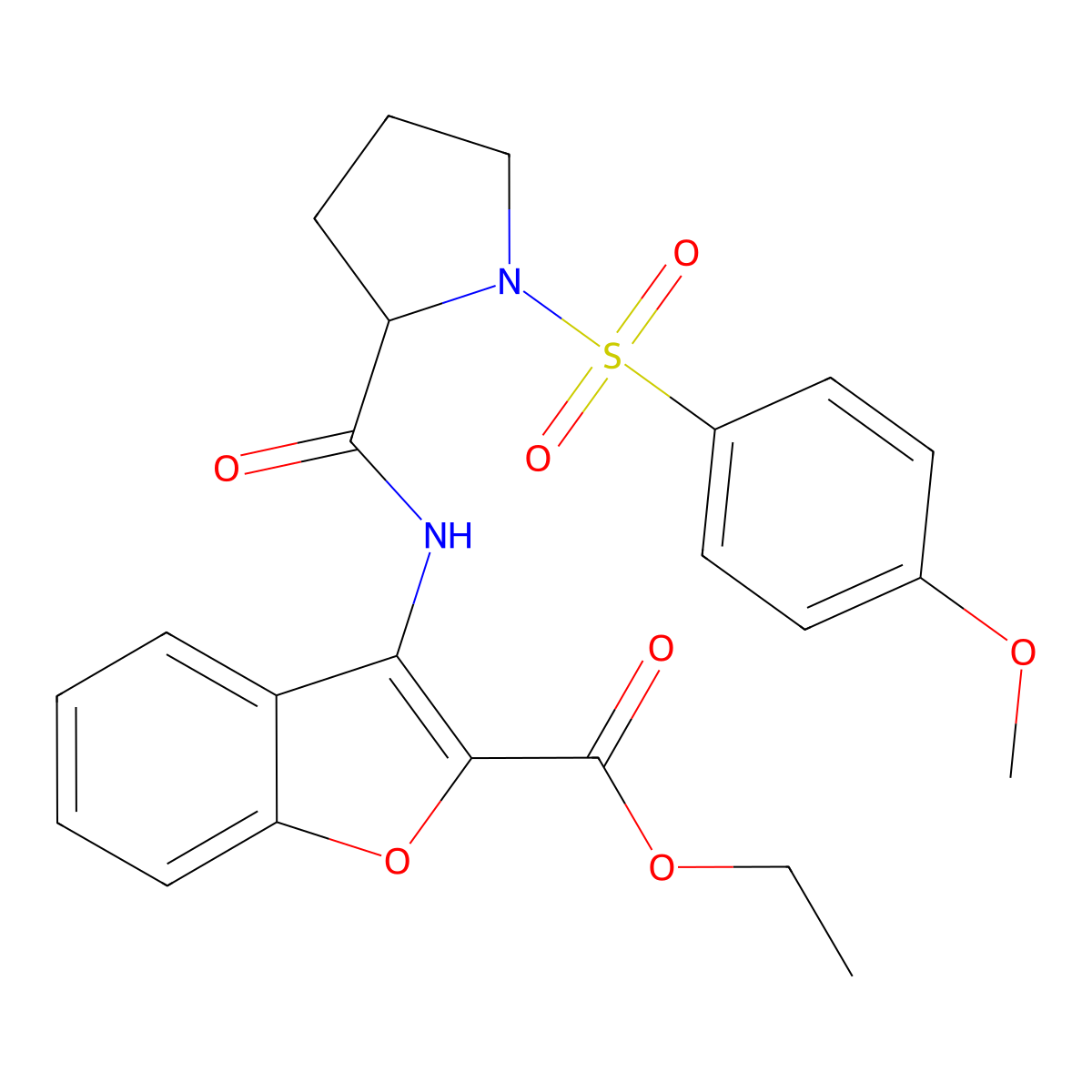 Ethyl 3-(1-((4-methoxyphenyl)sulfonyl)pyrrolidine-2-carboxamido)benzofuran-2-carboxylate molecular structure, CAS 1048643-57-7