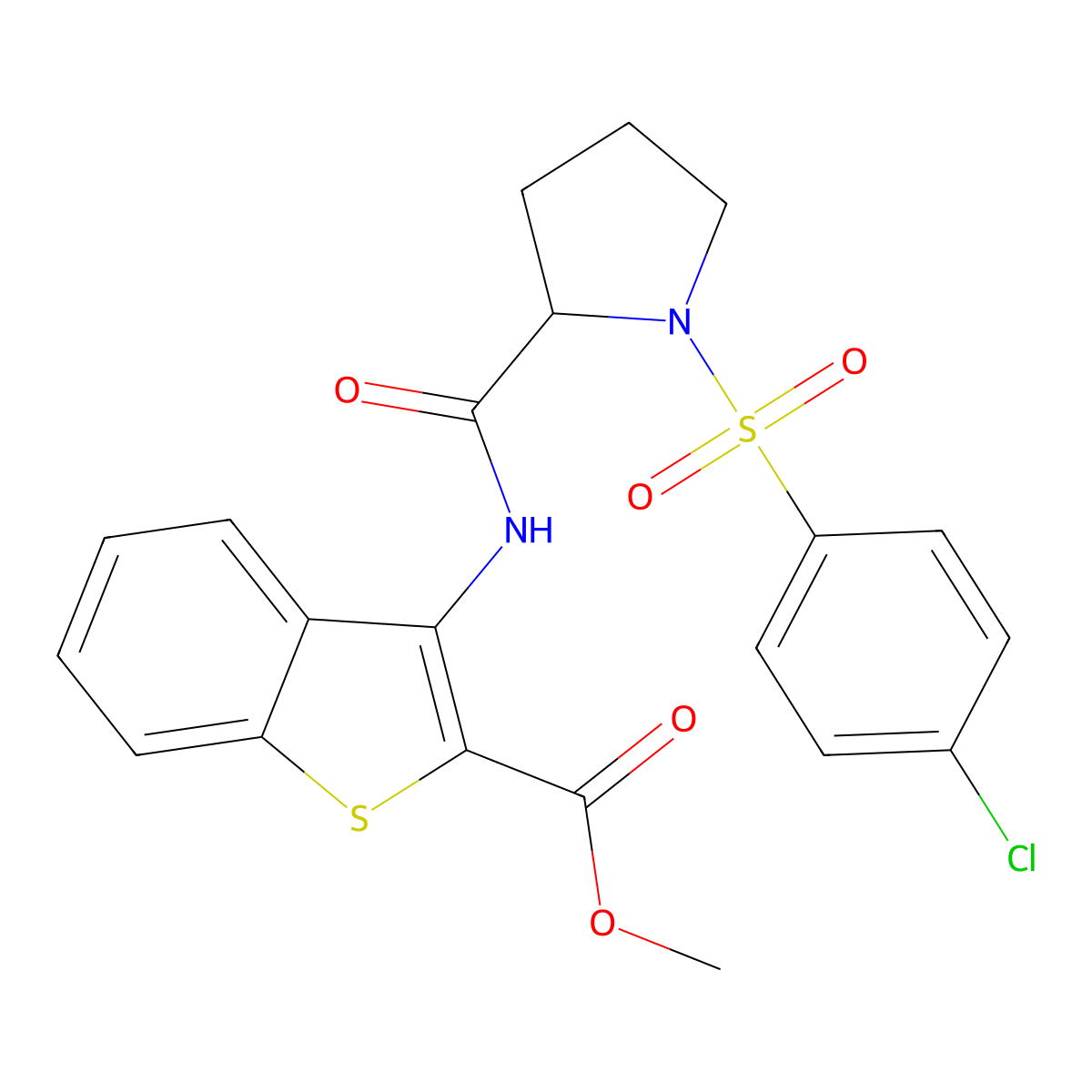Methyl 3-(1-((4-chlorophenyl)sulfonyl)pyrrolidine-2-carboxamido)benzo[b]thiophene-2-carboxylate molecular structure, CAS 1048646-38-3