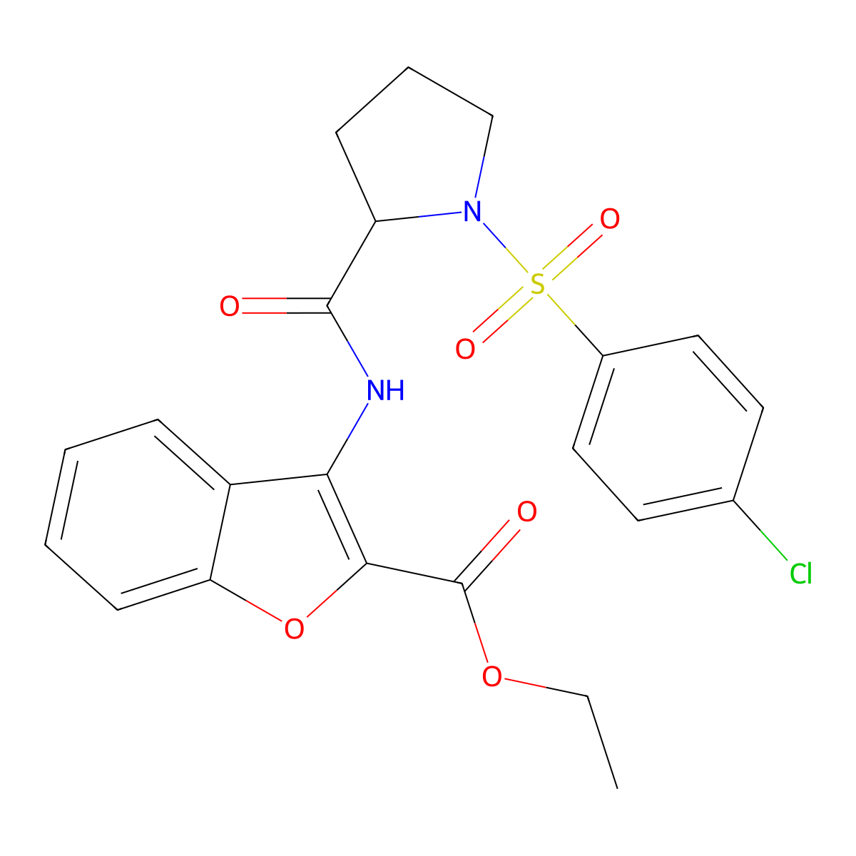 Ethyl 3-(1-((4-chlorophenyl)sulfonyl)pyrrolidine-2-carboxamido)benzofuran-2-carboxylate molecular structure, CAS 1048646-57-6