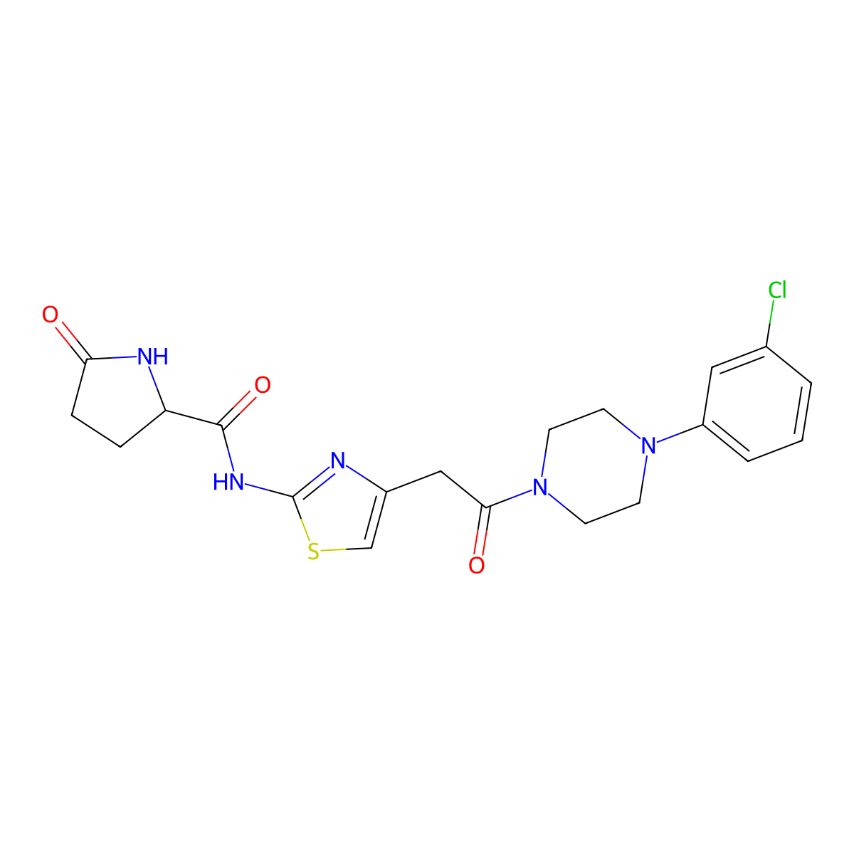 N-(4-(2-(4-(3-chlorophenyl)piperazin-1-yl)-2-oxoethyl)thiazol-2-yl)-5-oxopyrrolidine-2-carboxamide molecular structure, CAS 1048676-55-6