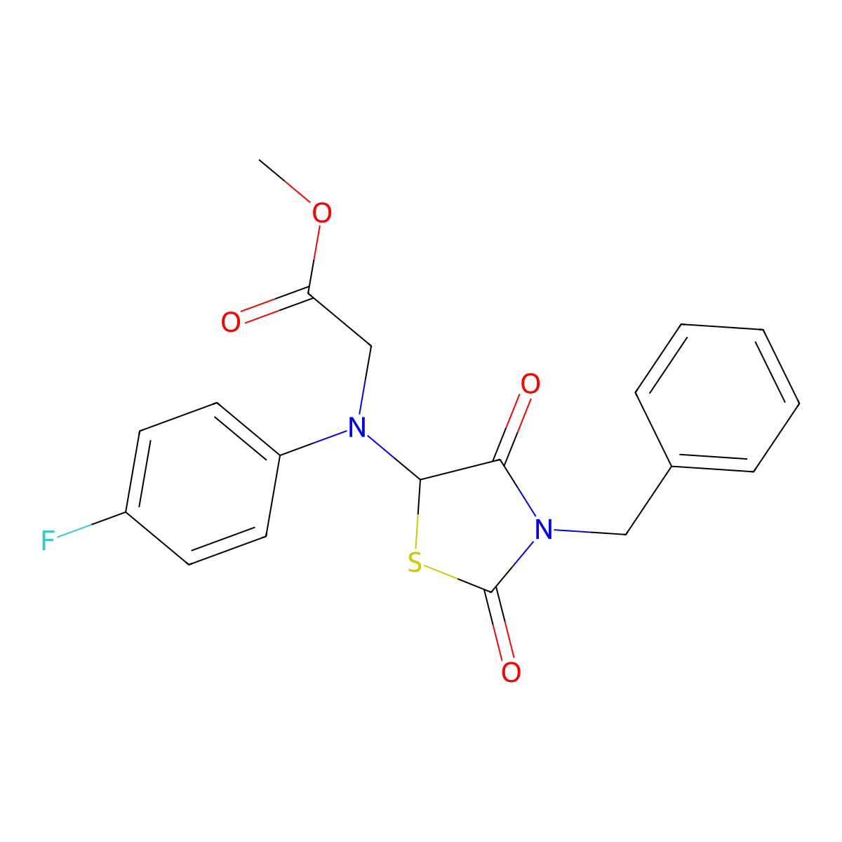 Methyl 2-((3-benzyl-2,4-dioxothiazolidin-5-yl)(4-fluorophenyl)amino)acetate molecular structure, CAS 1048676-61-4