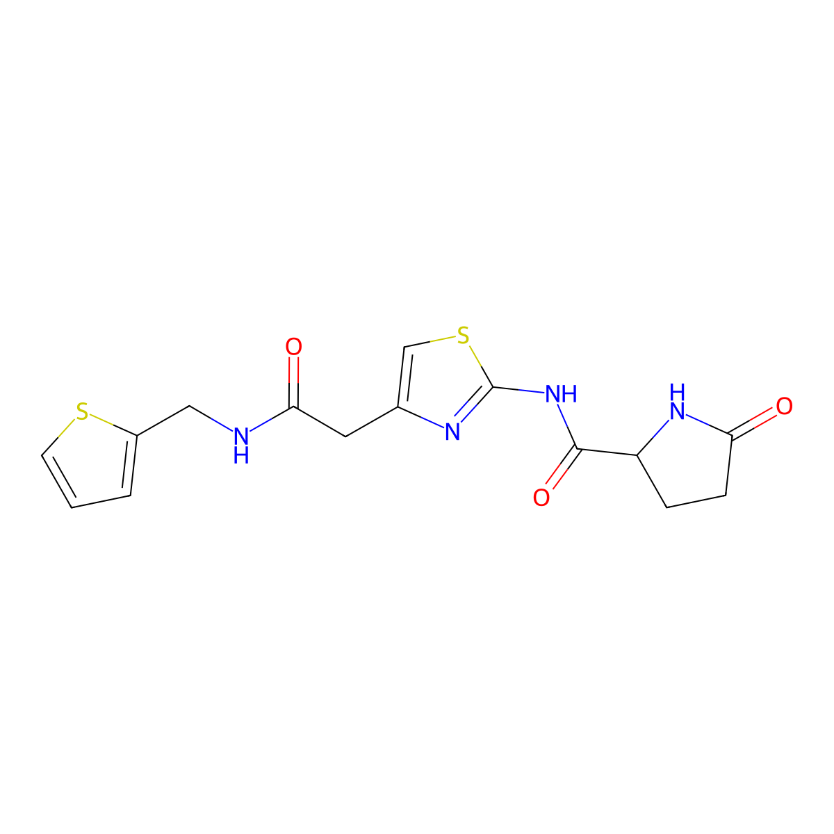 5-oxo-N-(4-(2-oxo-2-((thiophen-2-ylmethyl)amino)ethyl)thiazol-2-yl)pyrrolidine-2-carboxamide molecular structure, CAS 1048677-44-6