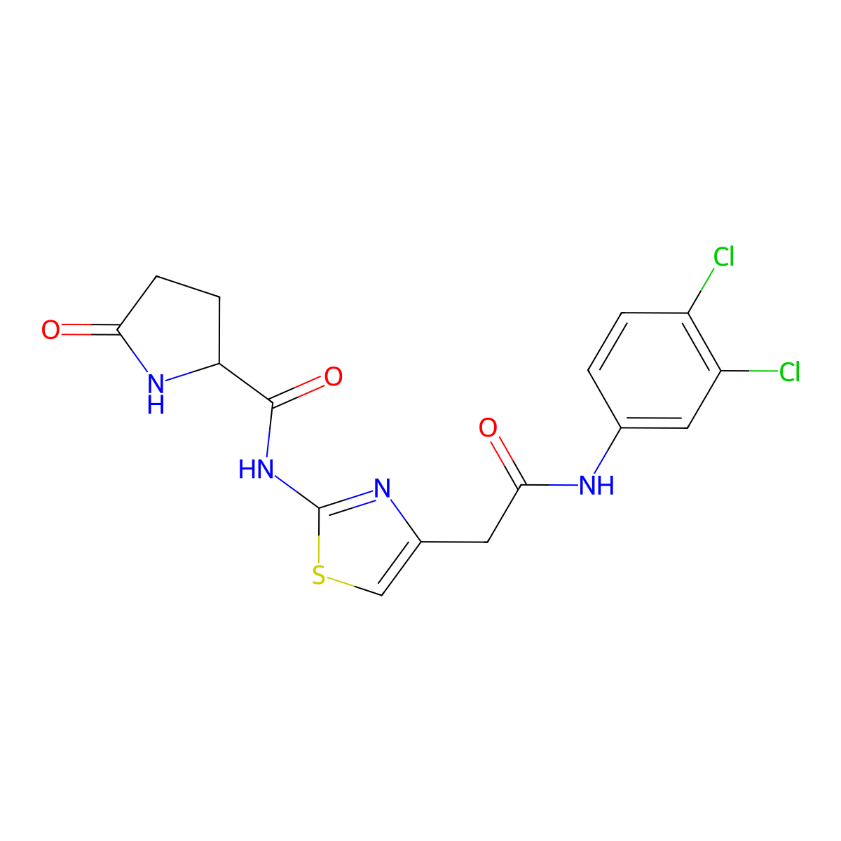 N-(4-(2-((3,4-dichlorophenyl)amino)-2-oxoethyl)thiazol-2-yl)-5-oxopyrrolidine-2-carboxamide molecular structure, CAS 1048678-34-7