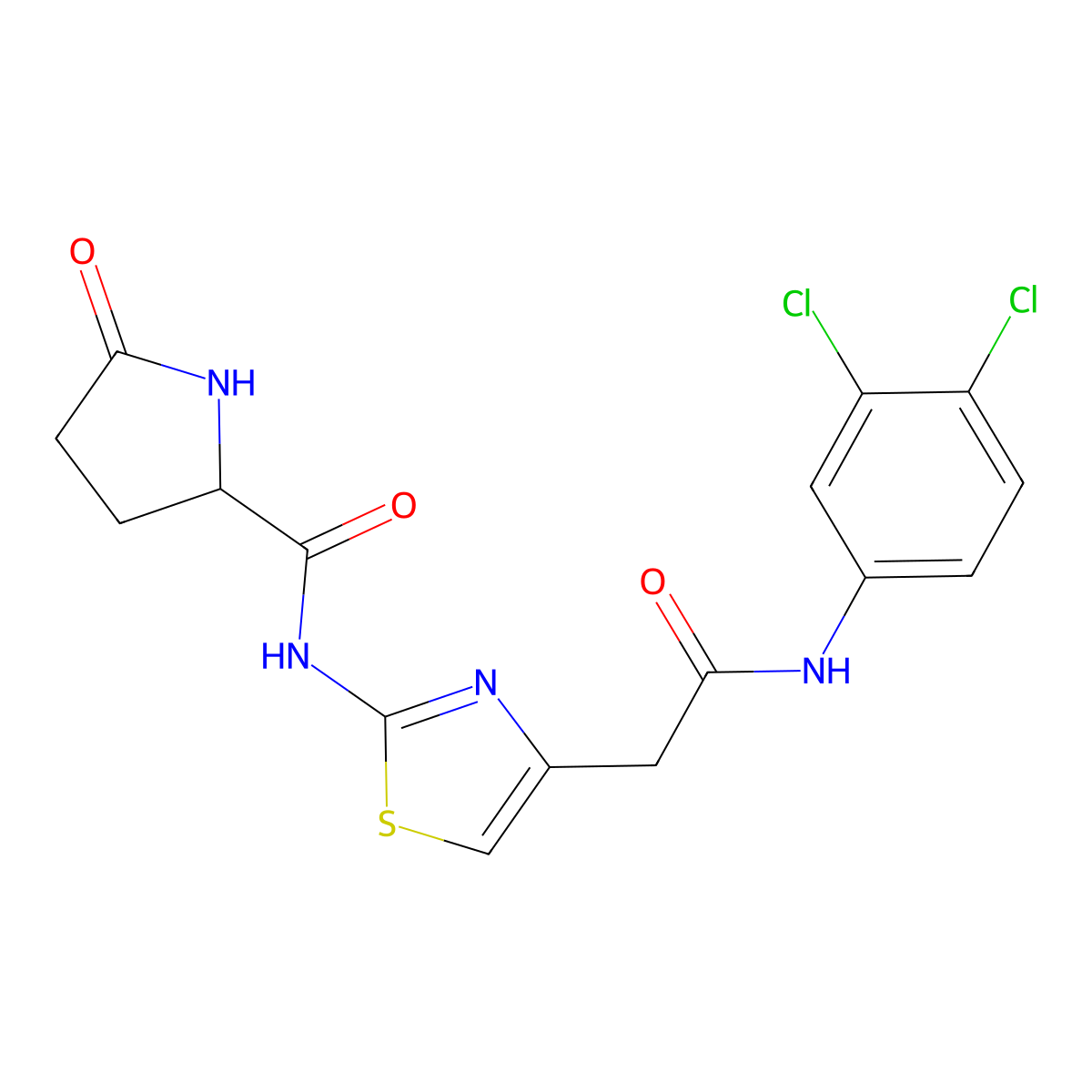 N-(4-(2-((3,4-dichlorophenyl)amino)-2-oxoethyl)thiazol-2-yl)-5-oxopyrrolidine-2-carboxamide molecular structure, CAS 1048678-34-7